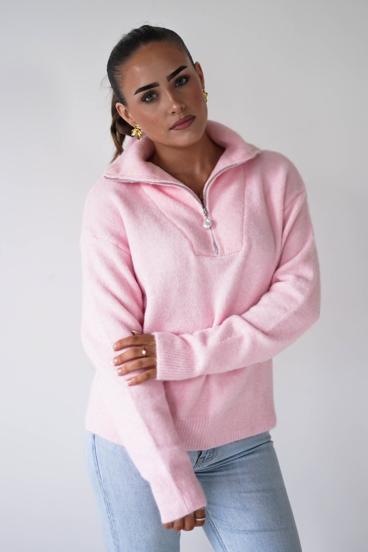 Chaney Half Pink Zip Jumper | Pink-Oh Hello Clothing