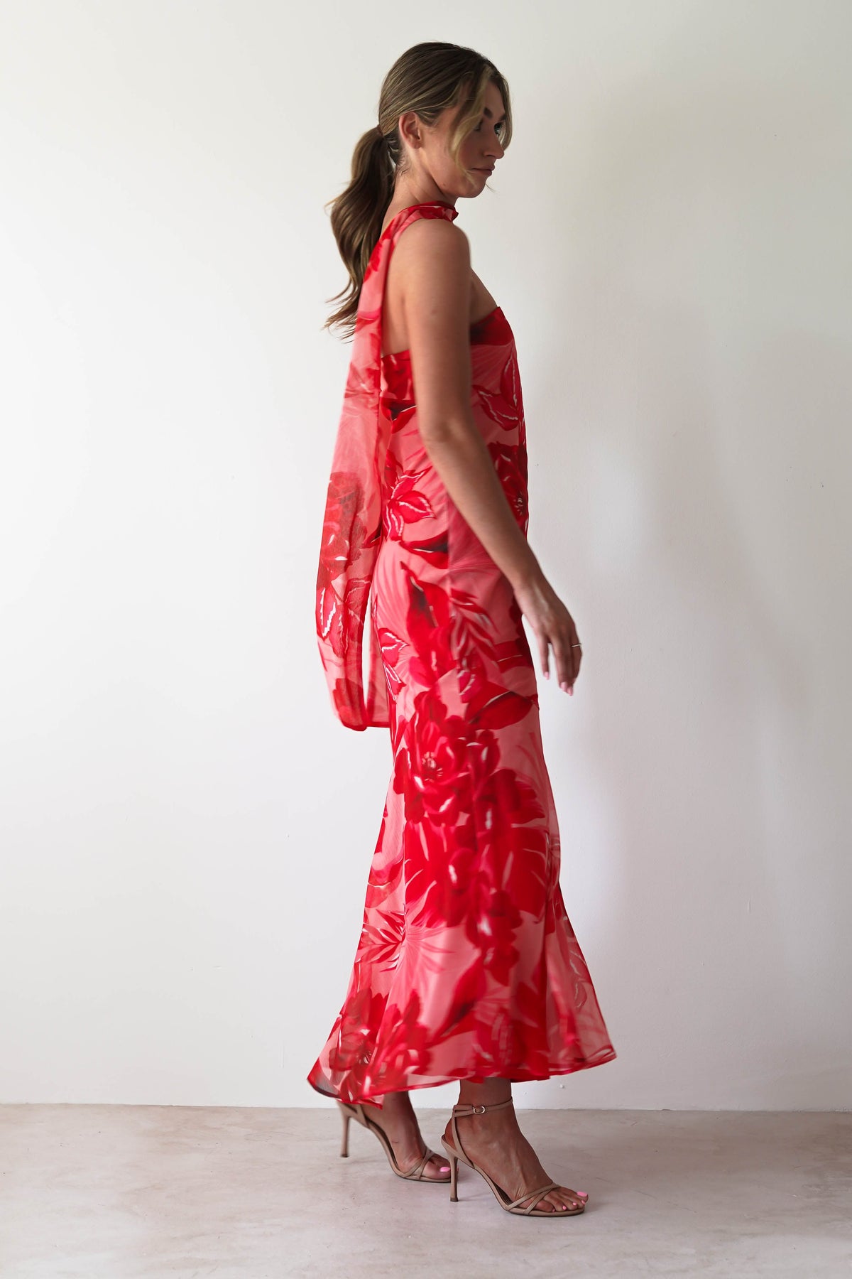Charlene Floral Chiffon Maxi Dress | Red Print-Oh Hello Clothing