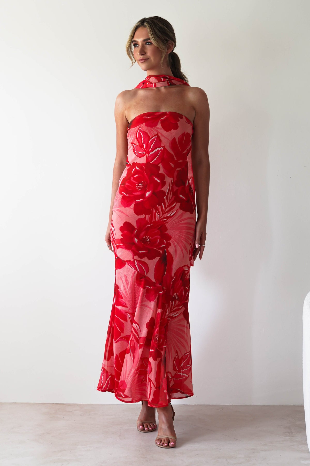 Charlene Floral Chiffon Maxi Dress | Red Print-Oh Hello Clothing