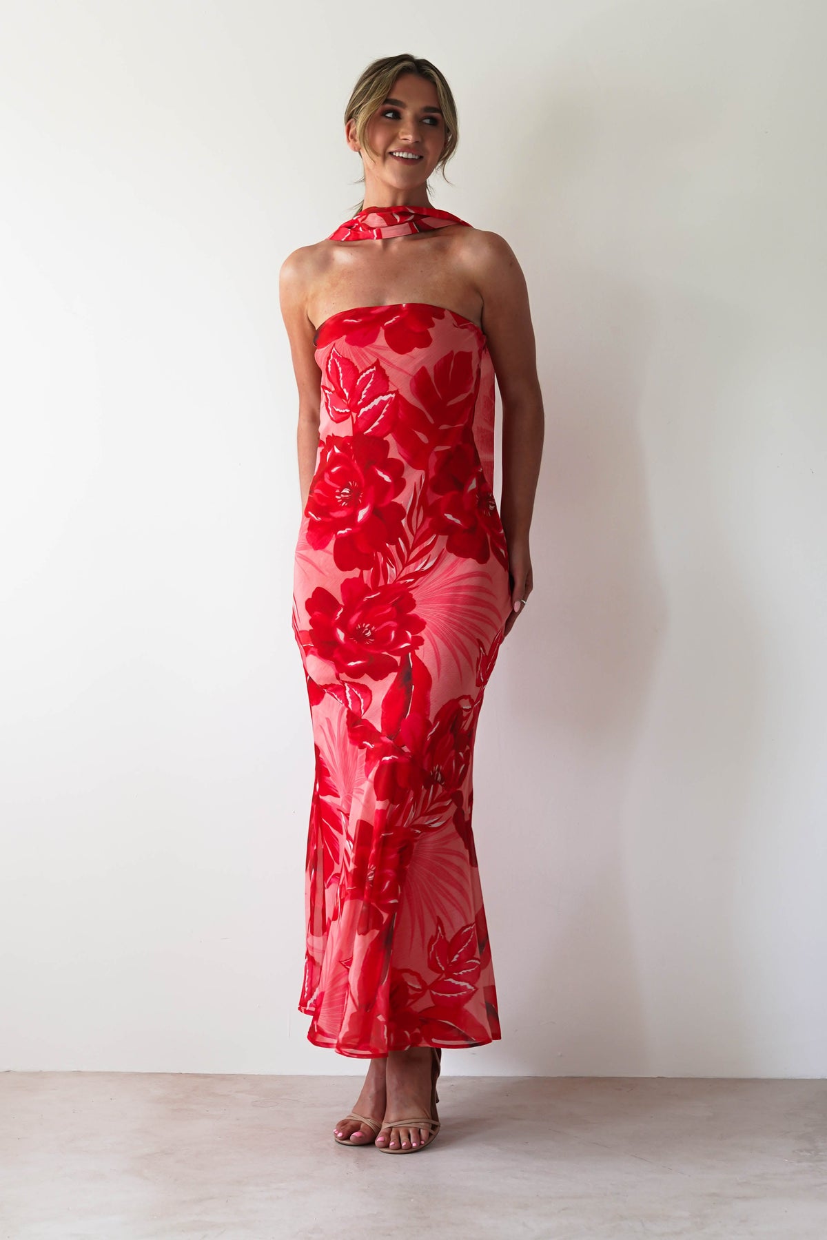 Charlene Floral Chiffon Maxi Dress | Red Print-Oh Hello Clothing