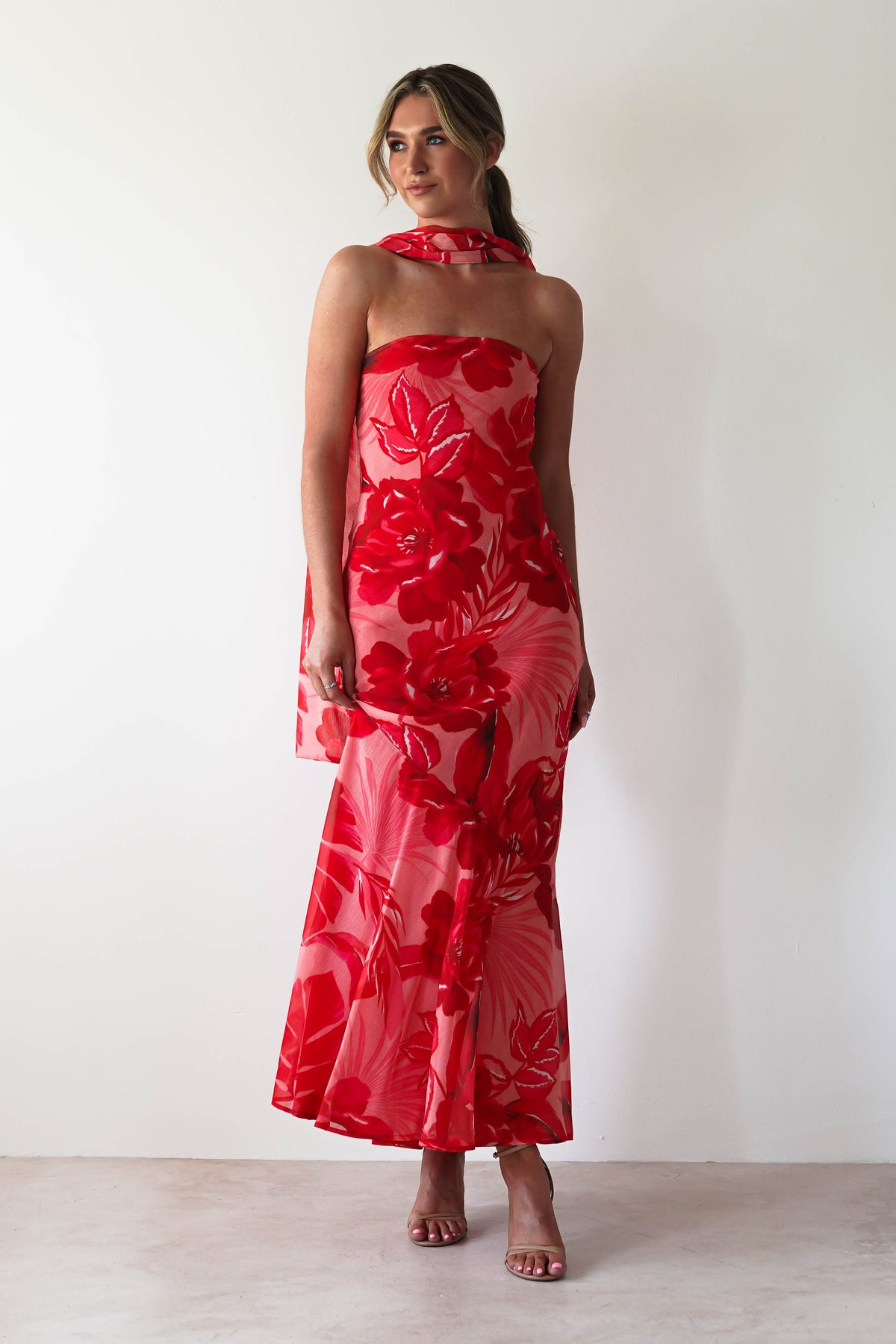 Charlene Floral Chiffon Maxi Dress | Red Print-Oh Hello Clothing