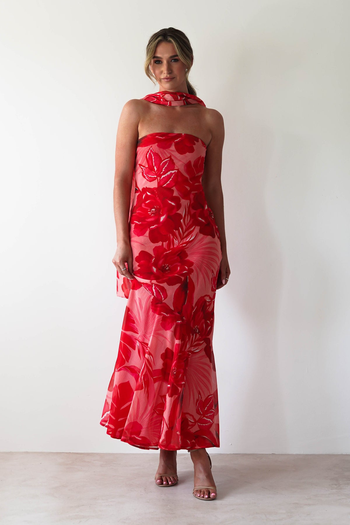 Charlene Floral Chiffon Maxi Dress | Red Print-Oh Hello Clothing