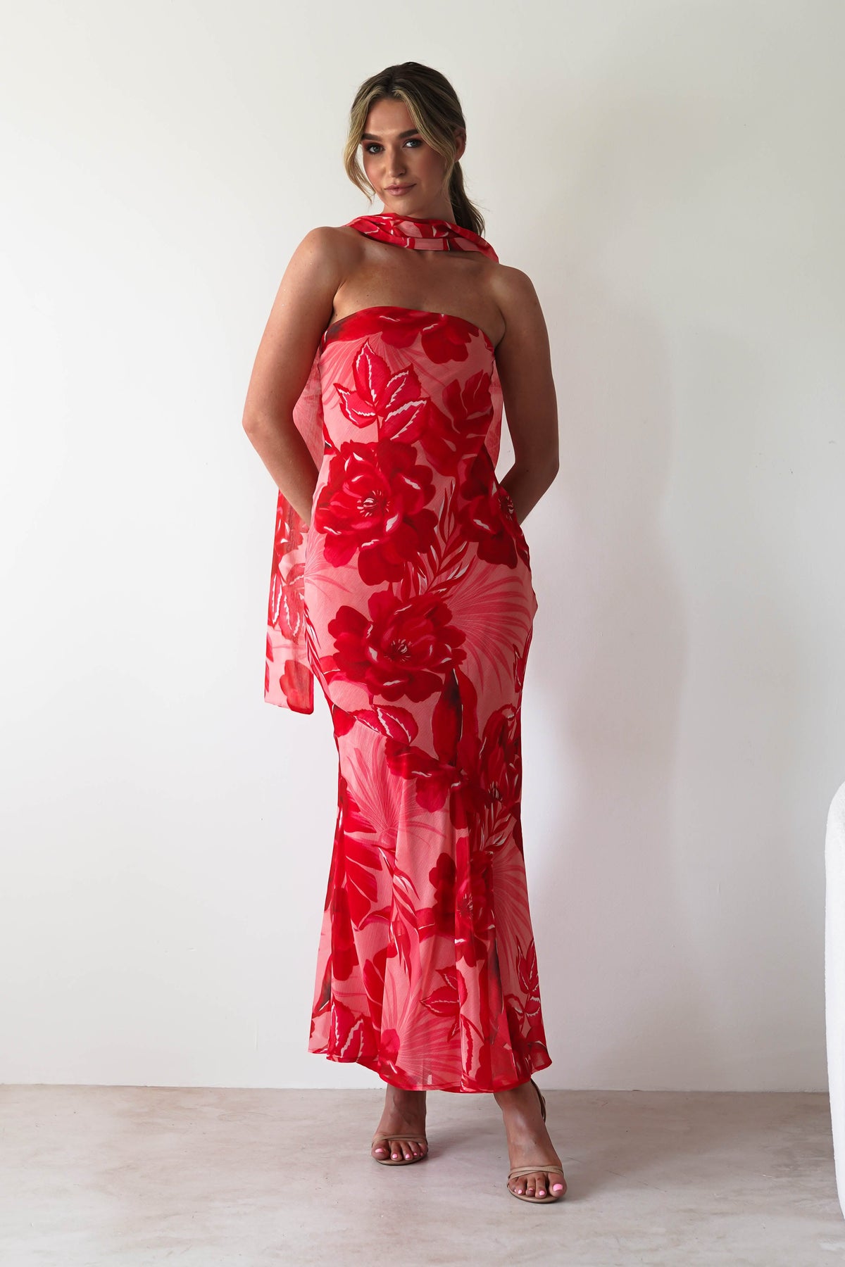 Charlene Floral Chiffon Maxi Dress | Red Print-Oh Hello Clothing
