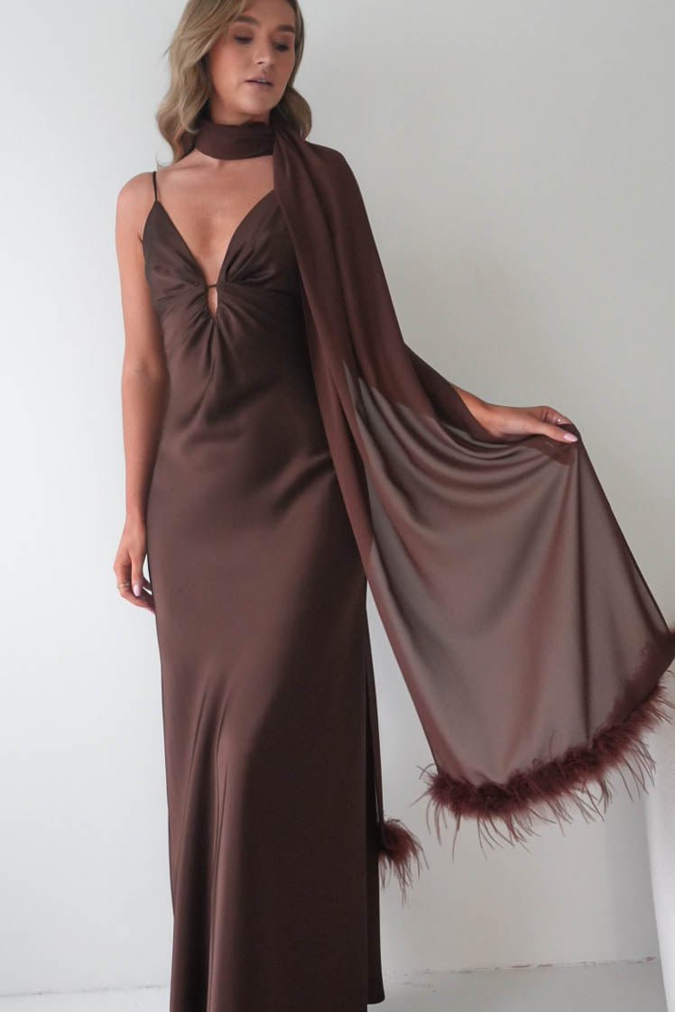 Chelle Chiffon Wrap Shawl With Feather Trim | Brown-Oh Hello Clothing