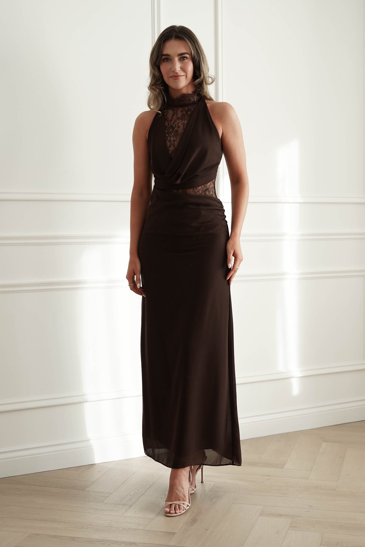 Clarisse Lace Maxi Dress in Brown
