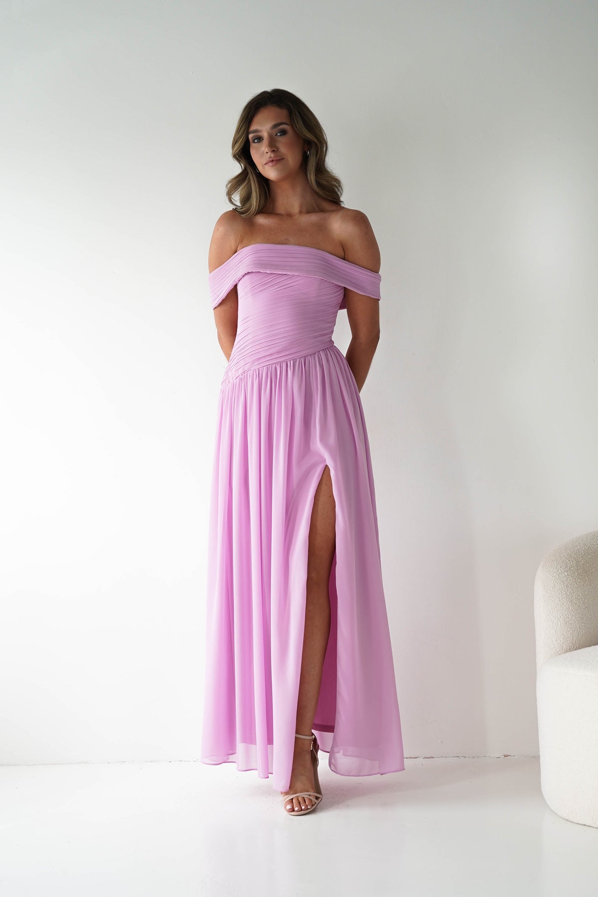 Connie Off The Shoulder Chiffon Maxi Dress | Pink-Oh Hello Clothing