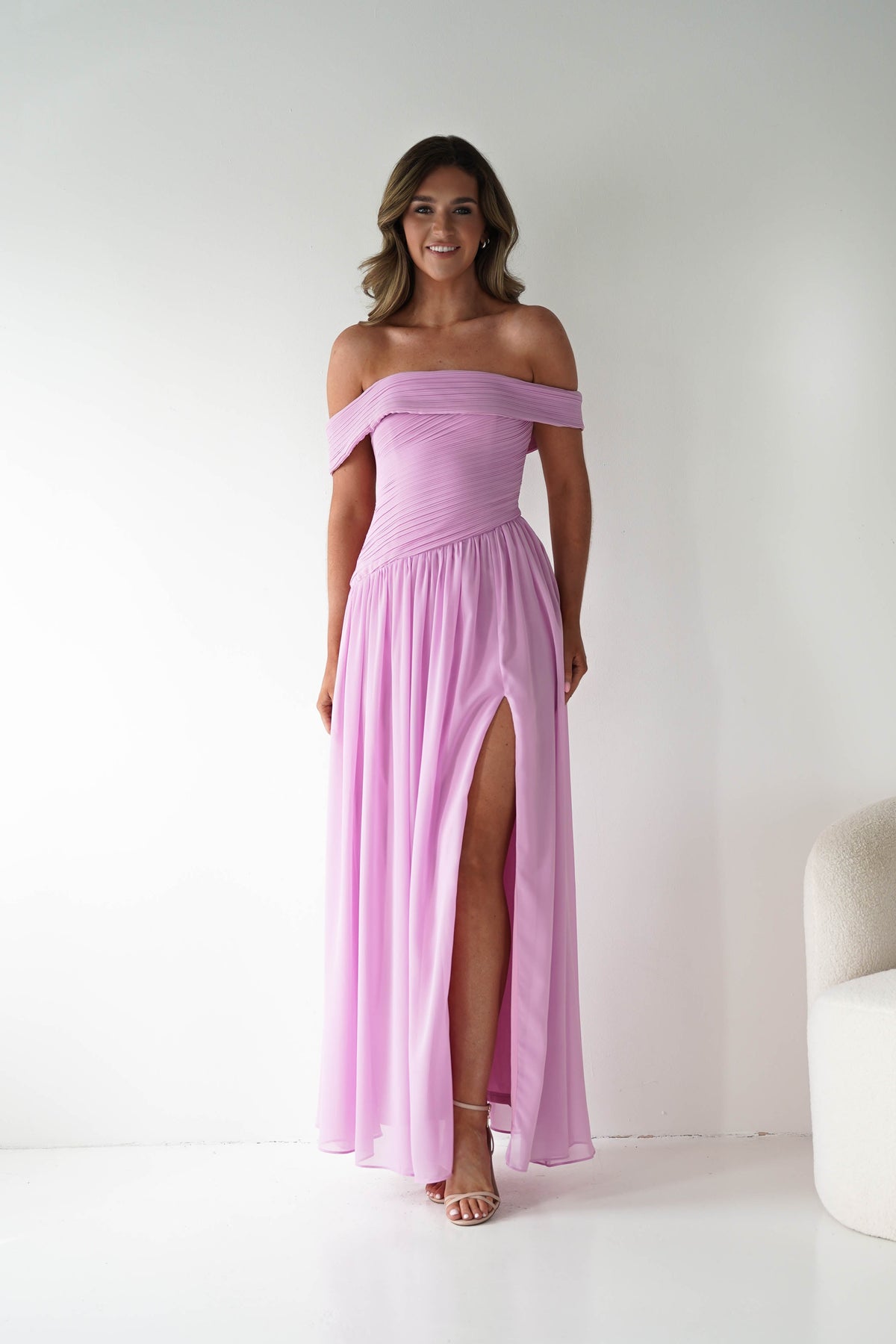 Connie Off The Shoulder Chiffon Maxi Dress | Pink-Oh Hello Clothing