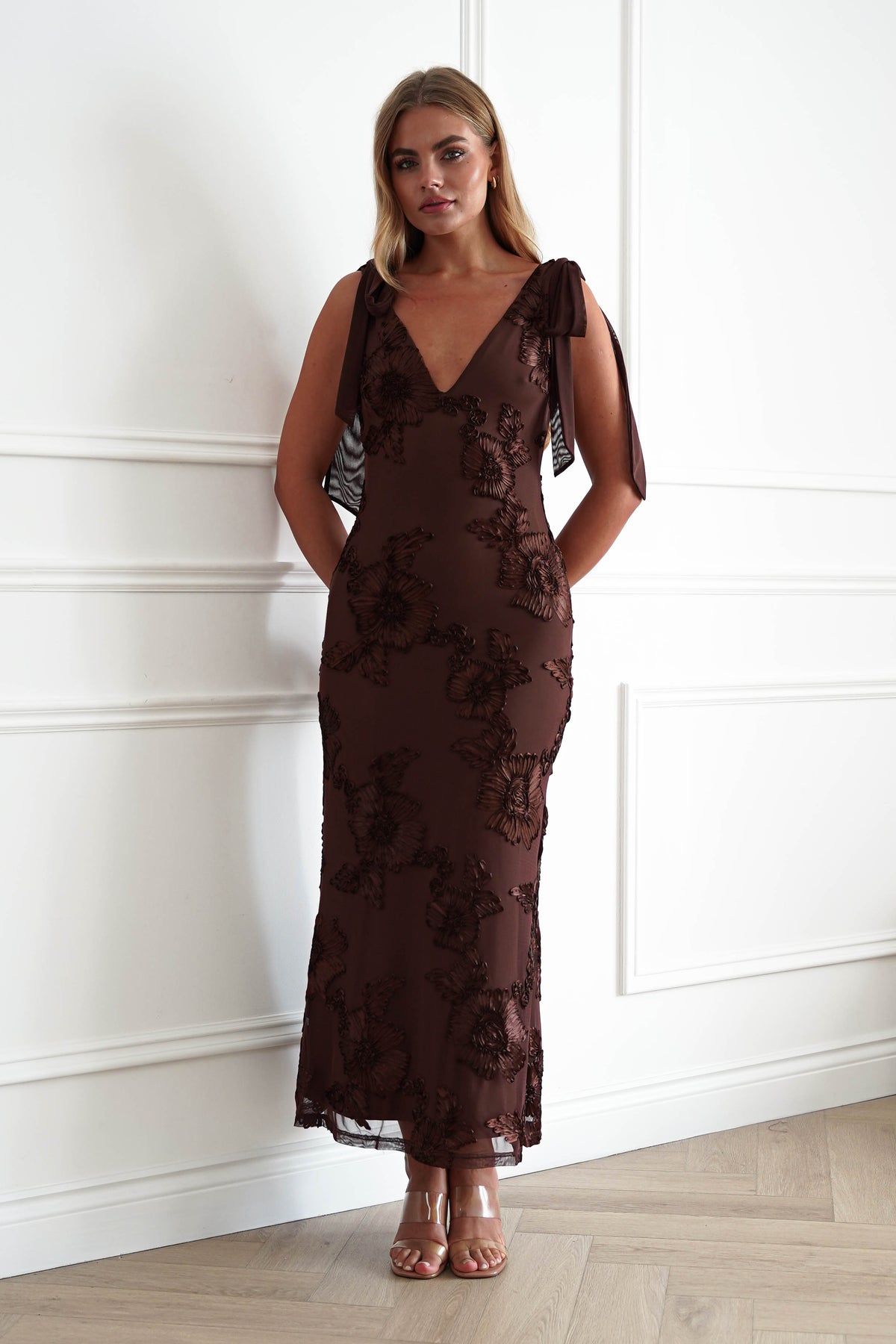 Cyra Floral Appliqué Maxi Dress | Brown-Oh Hello Clothing