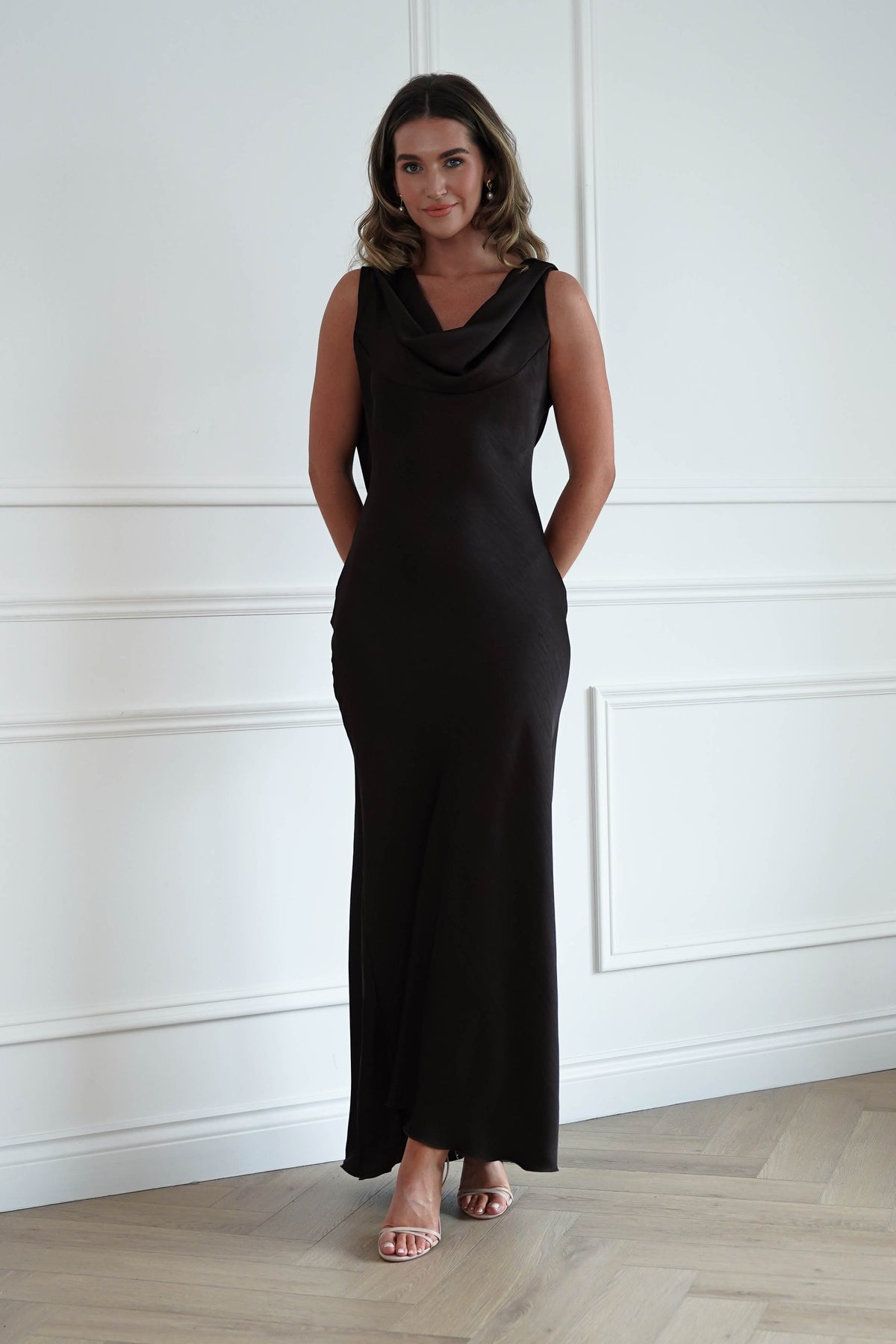 Sofia Cowl Back Maxi Dress in Chocolate Brown