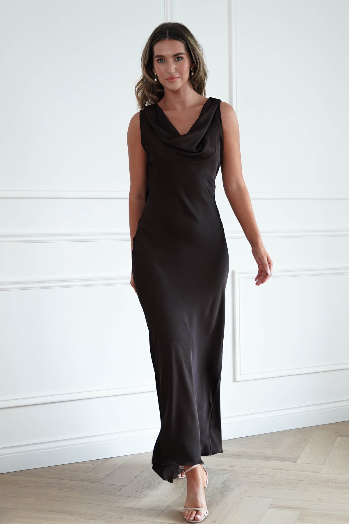 Sofia Cowl Back Maxi Dress in Chocolate Brown
