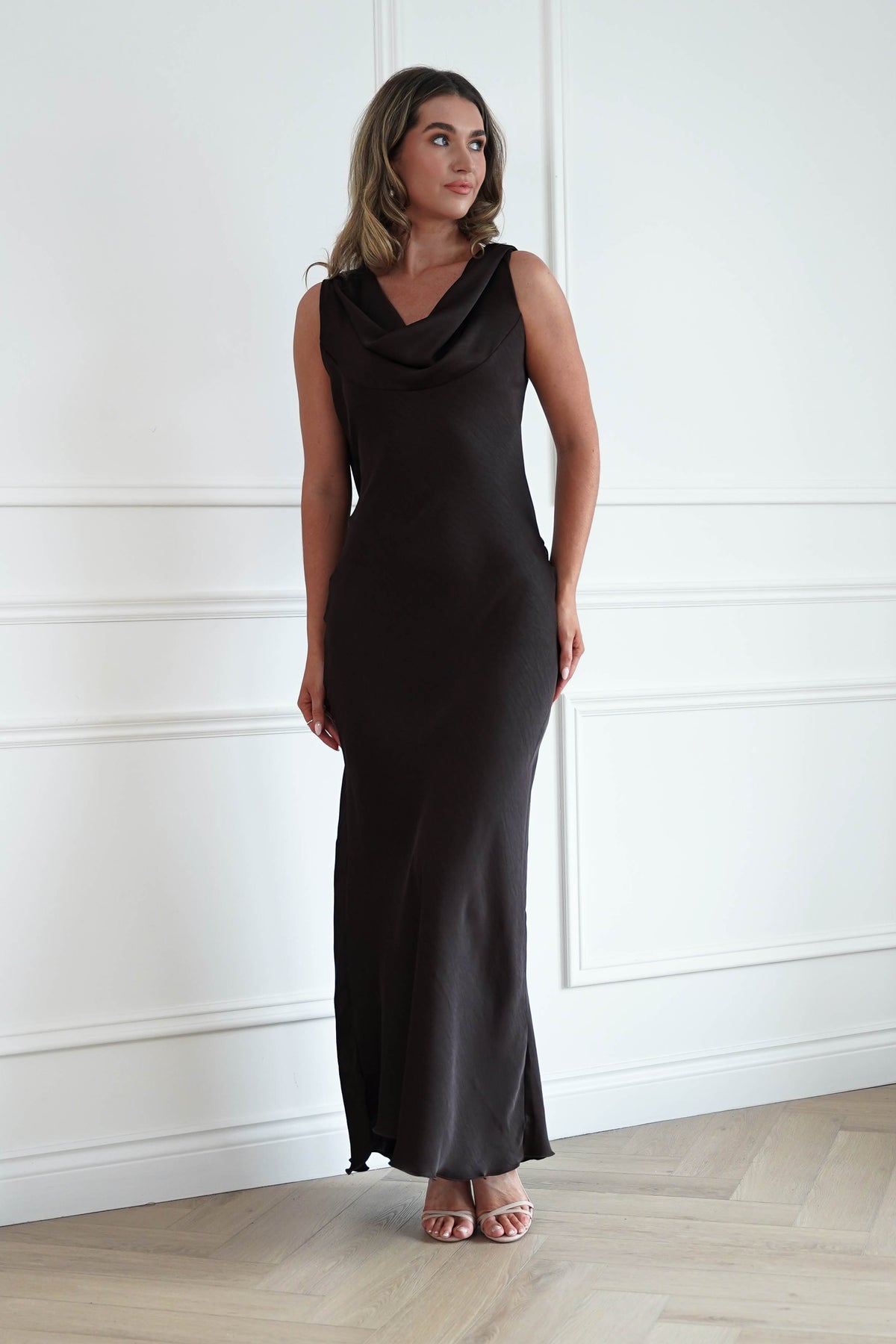 Sofia Cowl Back Maxi Dress in Chocolate Brown