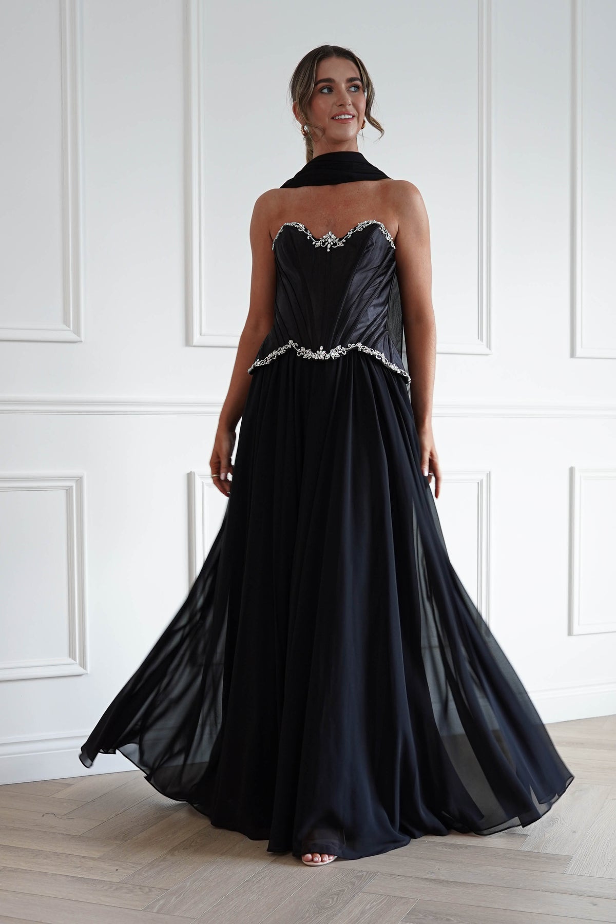 Stella Diamante Chiffon Maxi Gown in Black