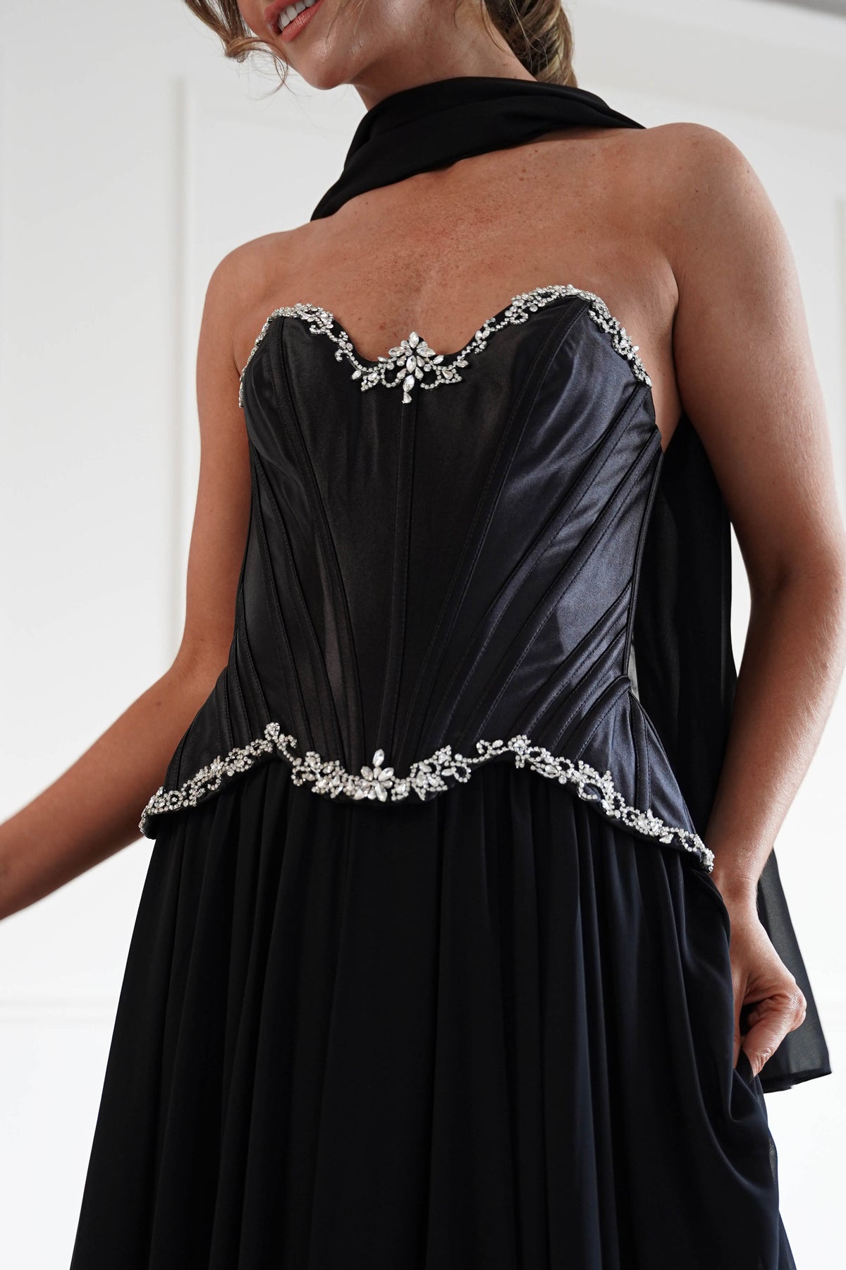 Stella Diamante Chiffon Maxi Gown in Black