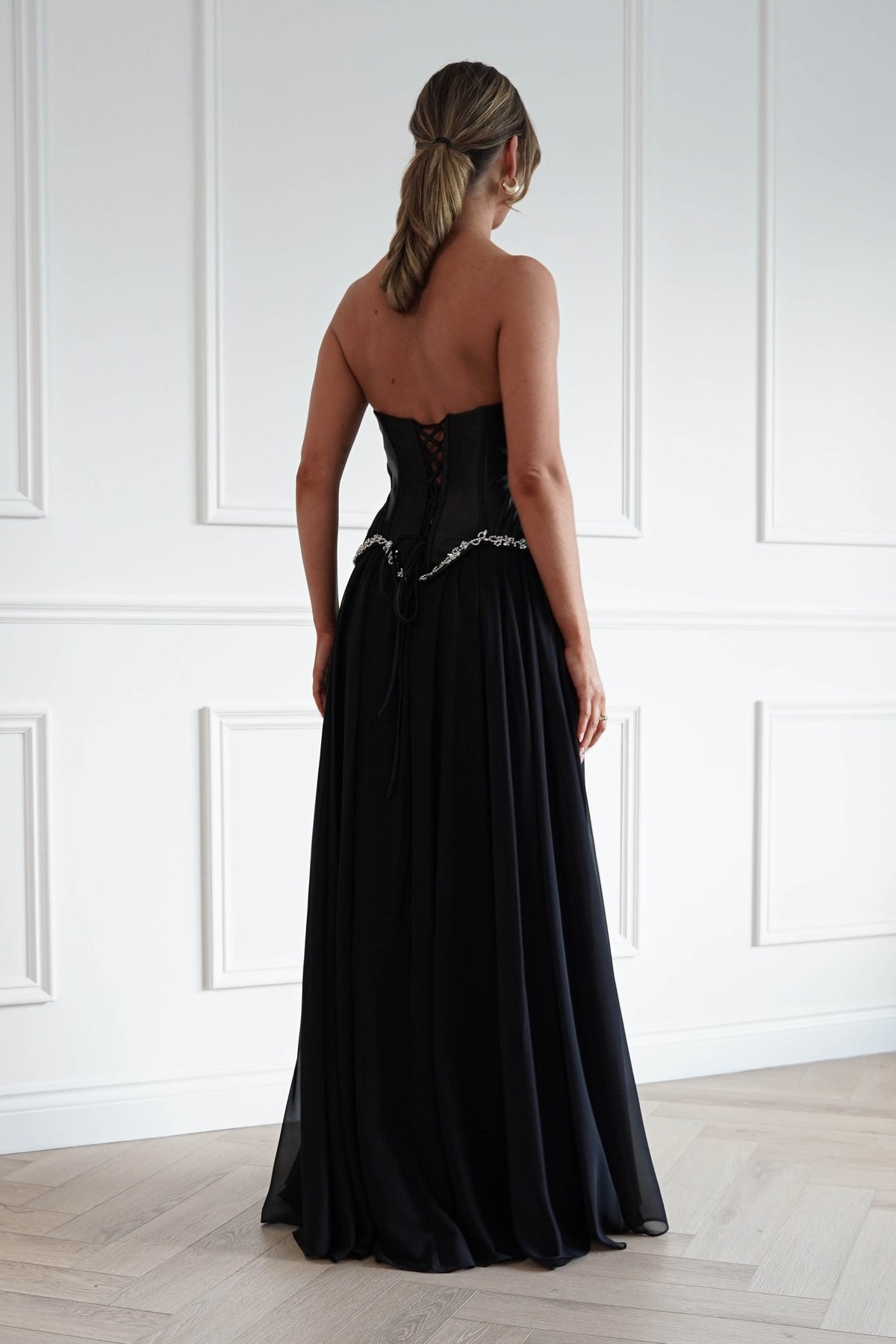 Stella Diamante Chiffon Maxi Gown in Black