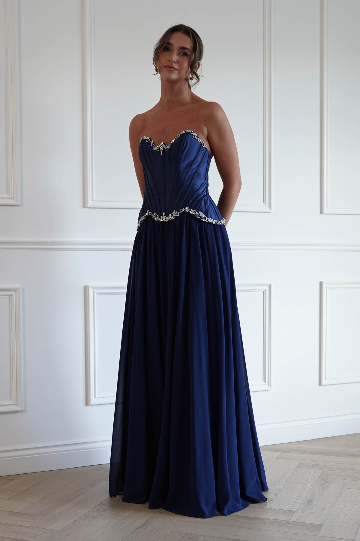 Stella Diamante Chiffon Maxi Gown in Navy