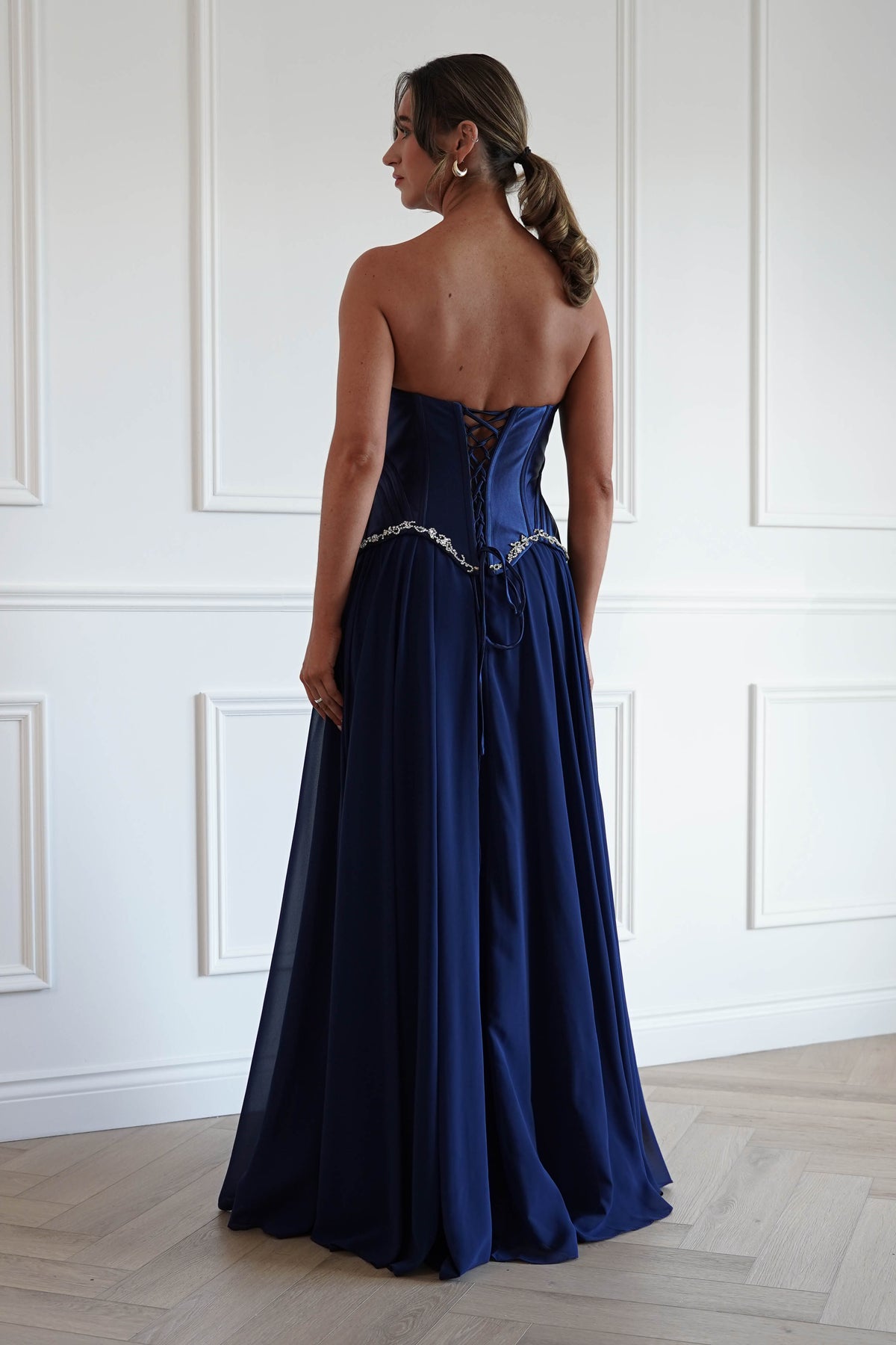 Stella Diamante Chiffon Maxi Gown in Navy