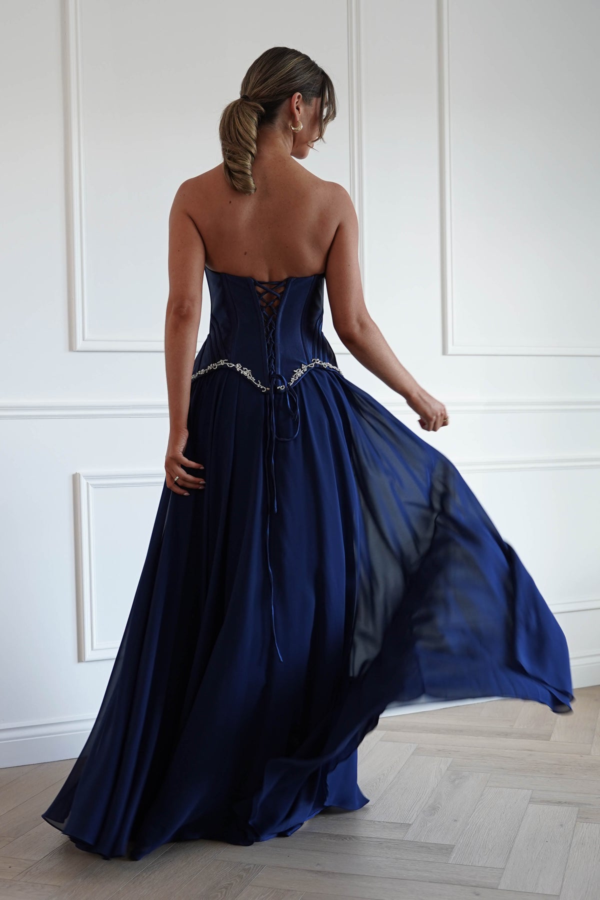 Stella Diamante Chiffon Maxi Gown in Navy