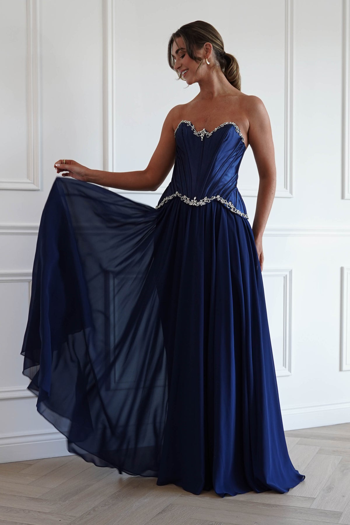 Stella Diamante Chiffon Maxi Gown in Navy