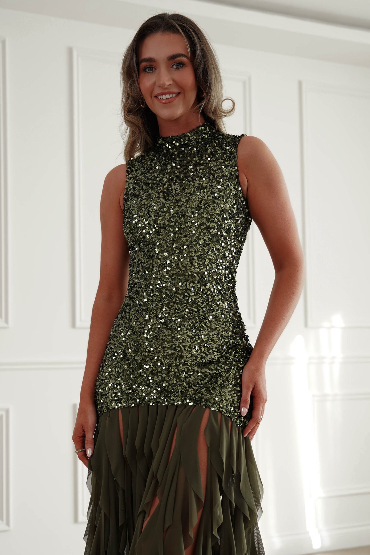 Oh Hello Clothing Women > Clothing > Dresses *DONE-F&P|521750| GREEN SEQUIN DRESSWUTH RUFFLE SKRIT