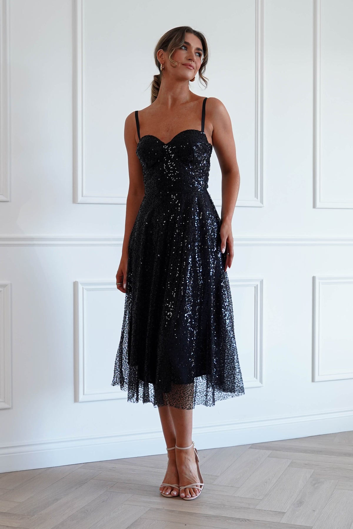 Suzanna Sequin Midi Dress in Black