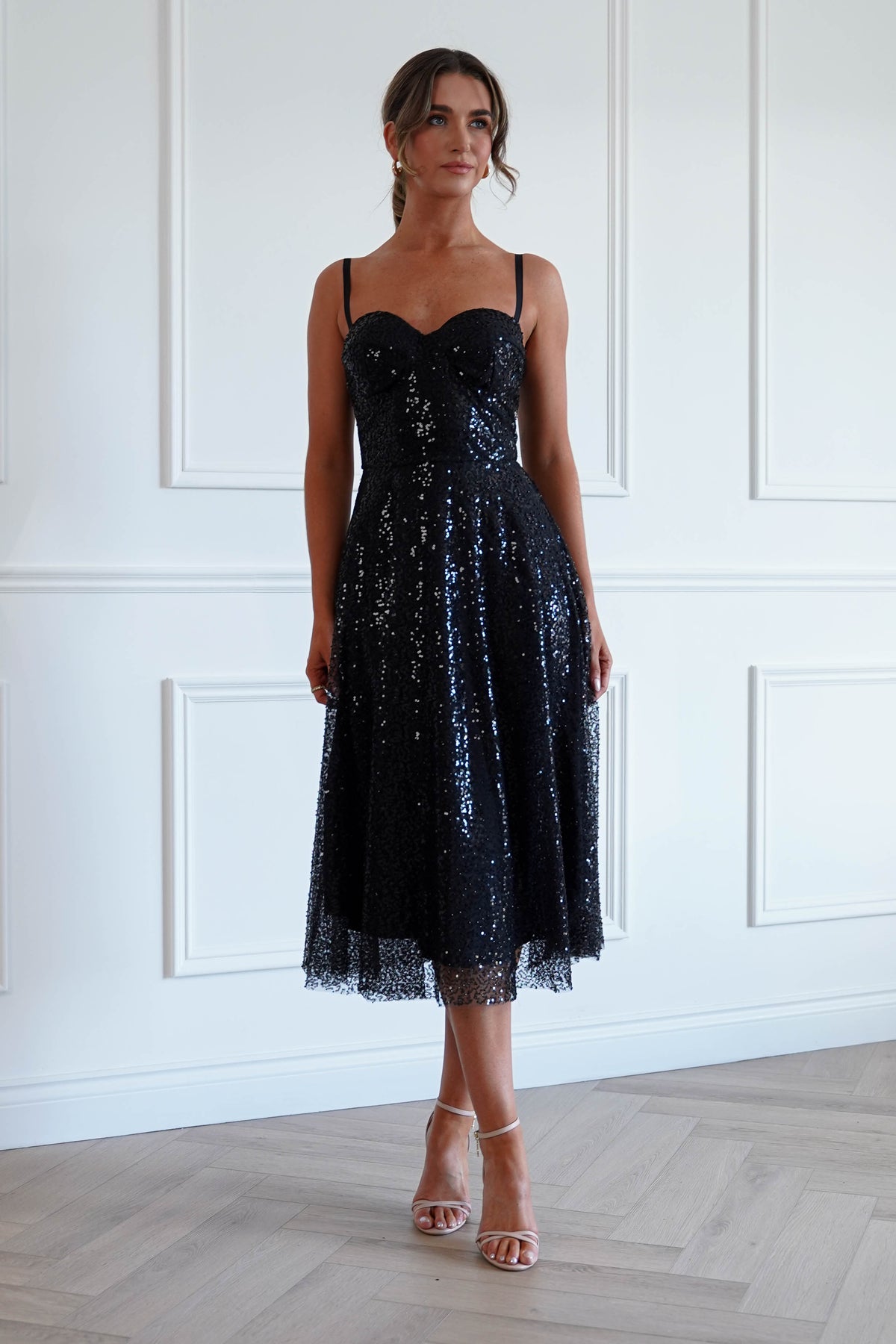 Suzanna Sequin Midi Dress in Black
