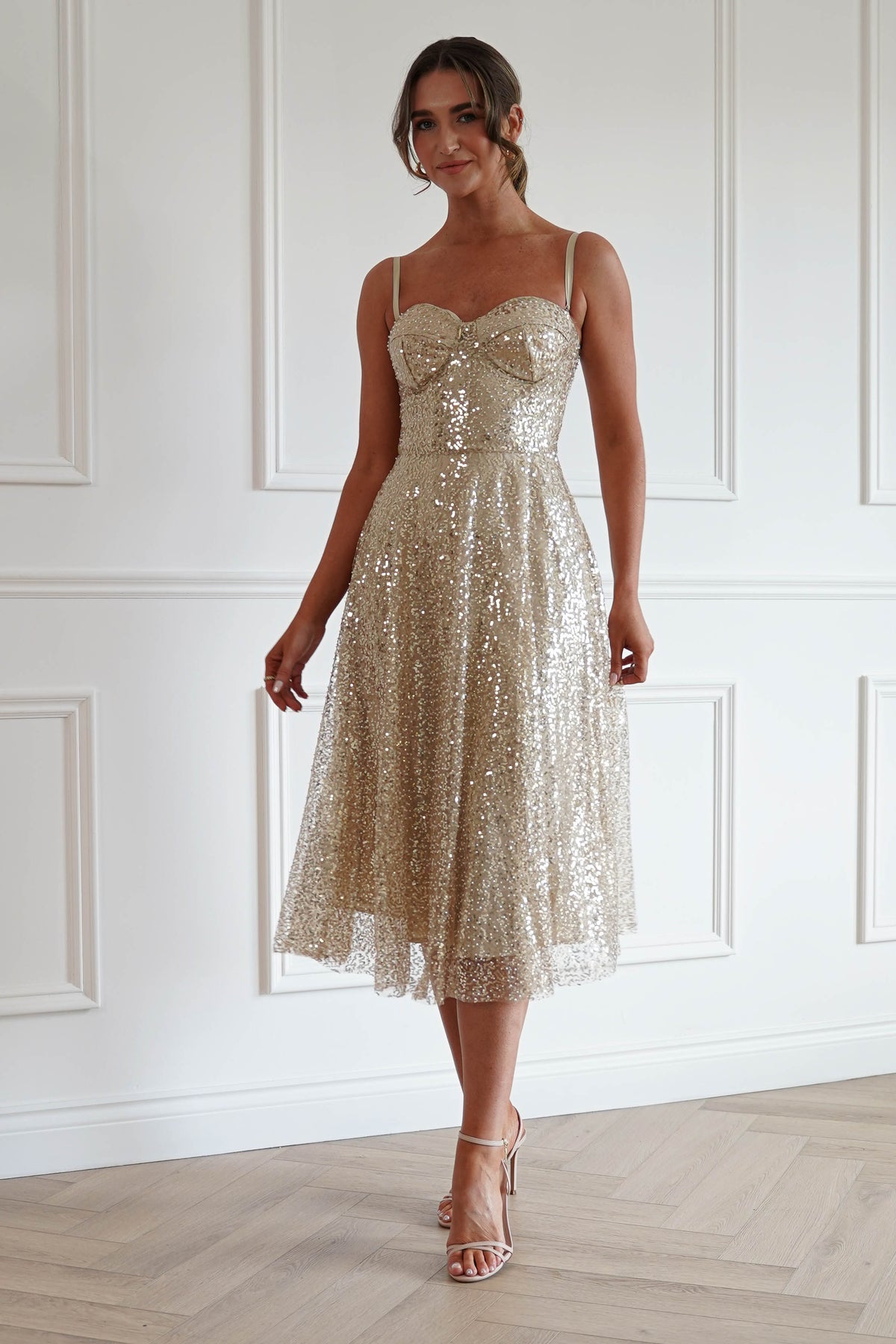 Suzanna Sequin Midi Dress in Gold
