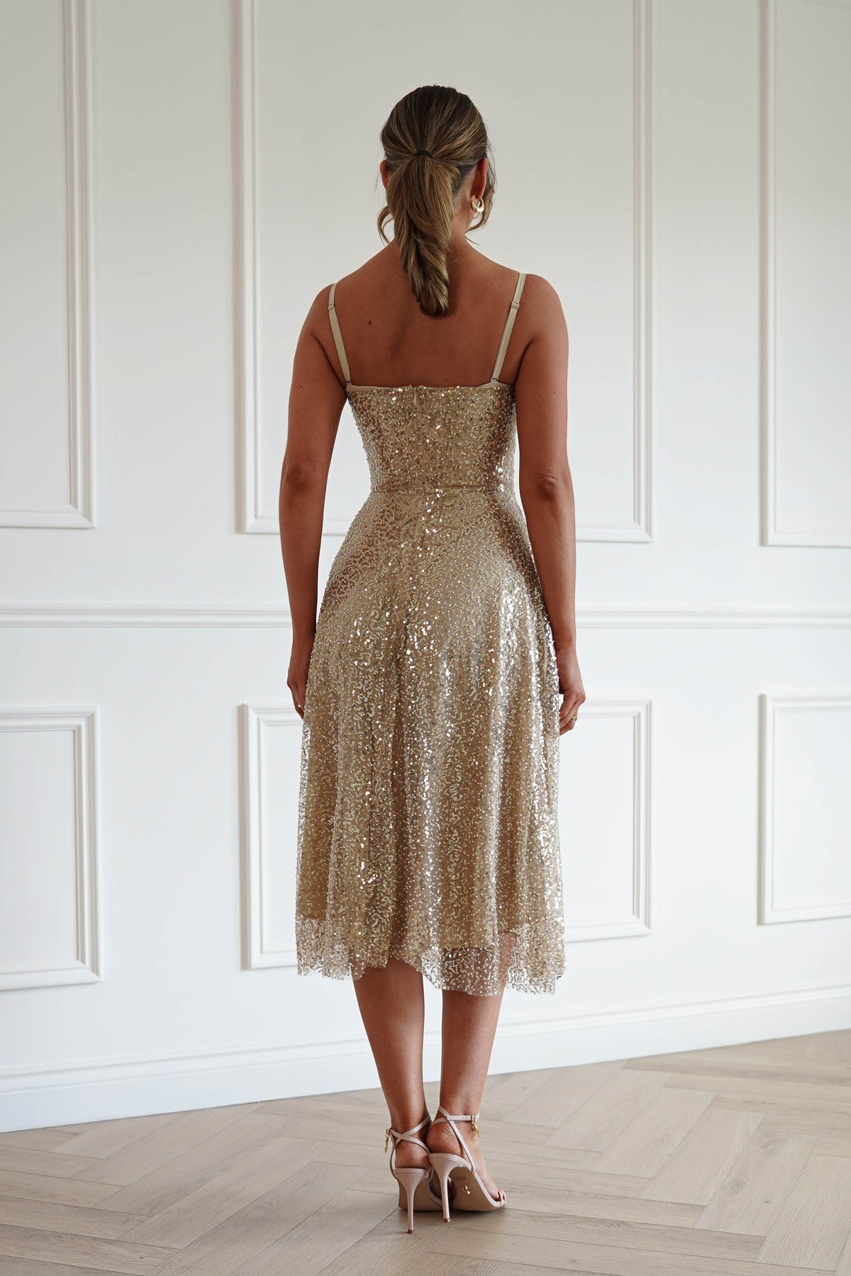 Suzanna Sequin Midi Dress in Gold