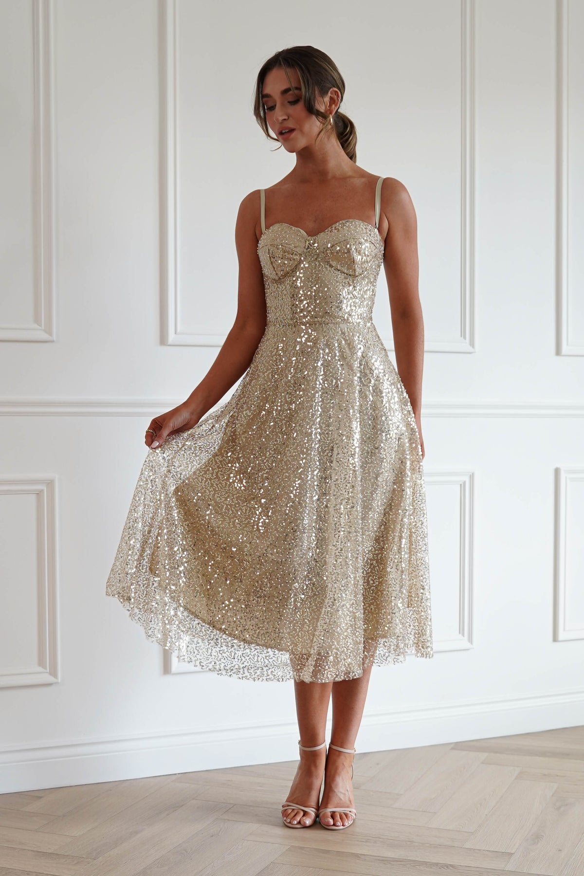 Suzanna Sequin Midi Dress in Gold