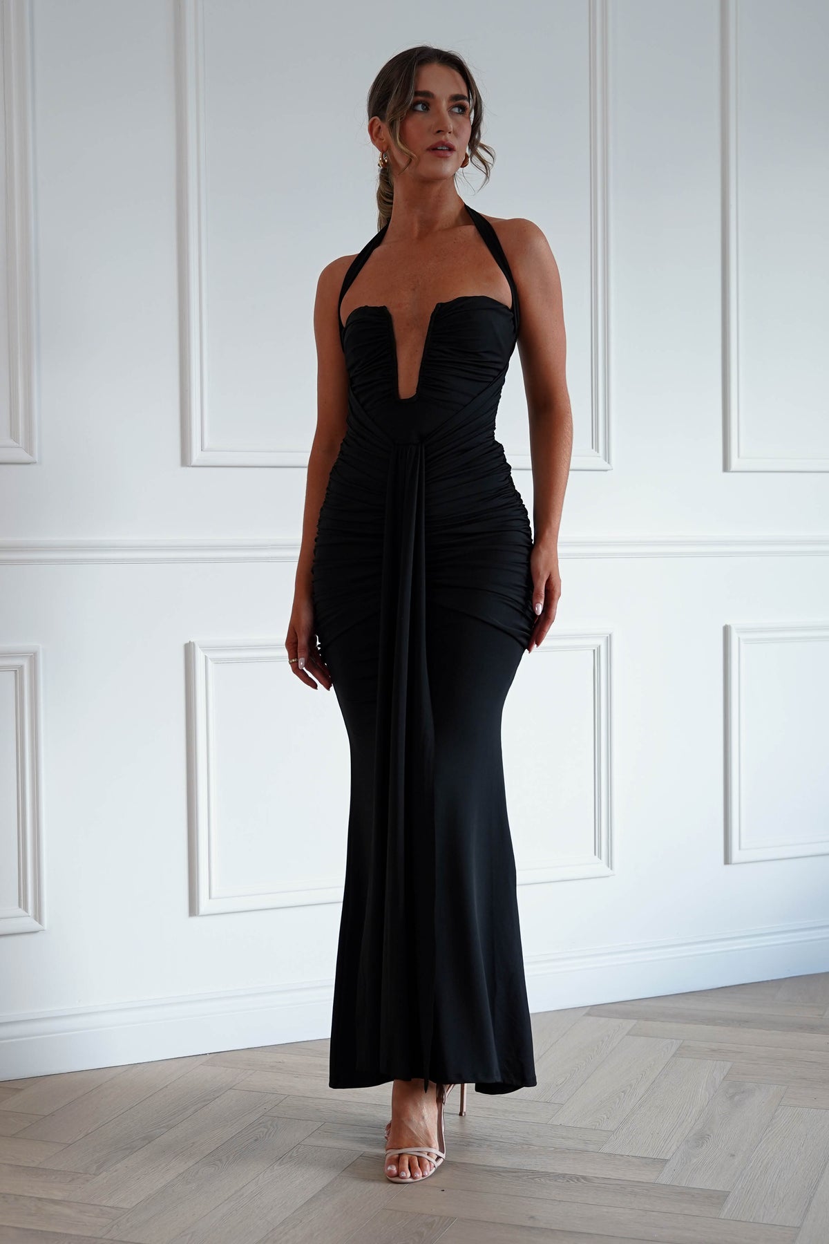 Janetta Halterneck Plunge Maxi Dress in Black