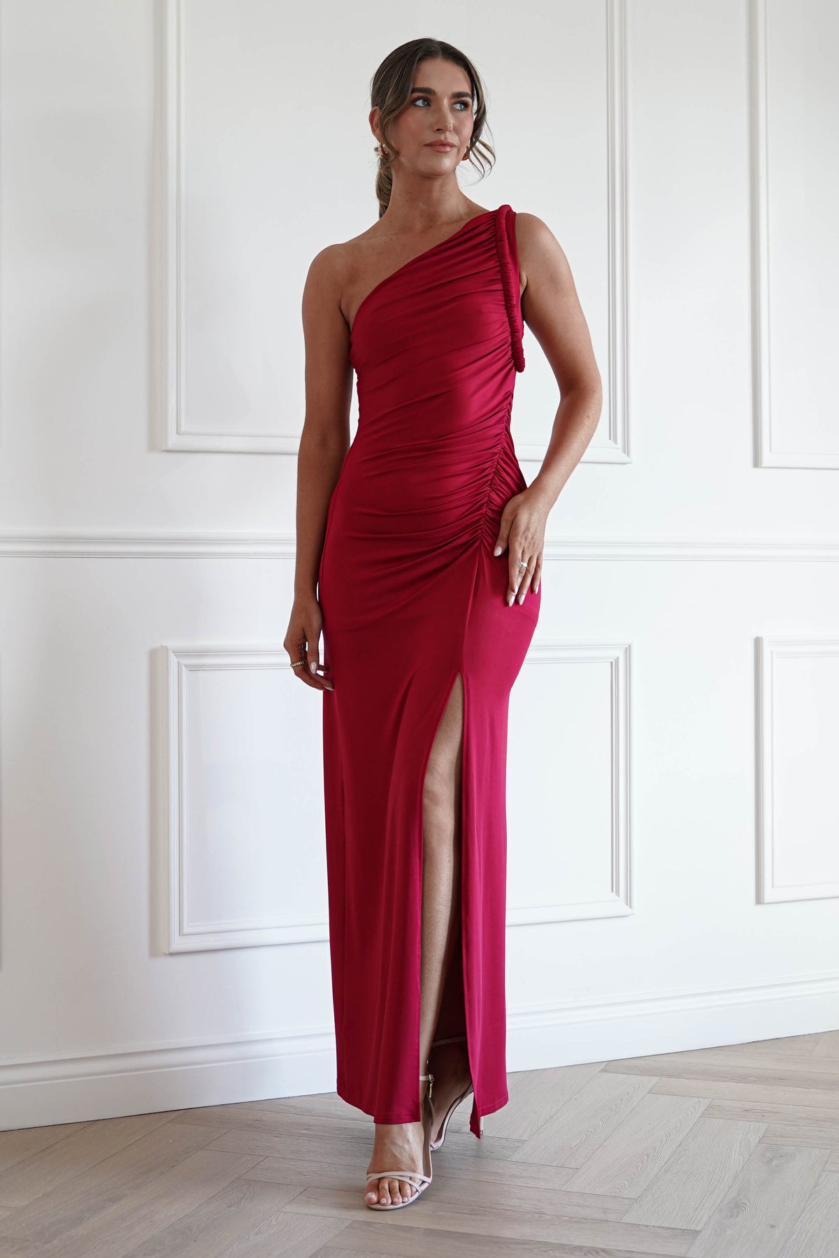Emery One Shoulder Maxi Dress in Wine