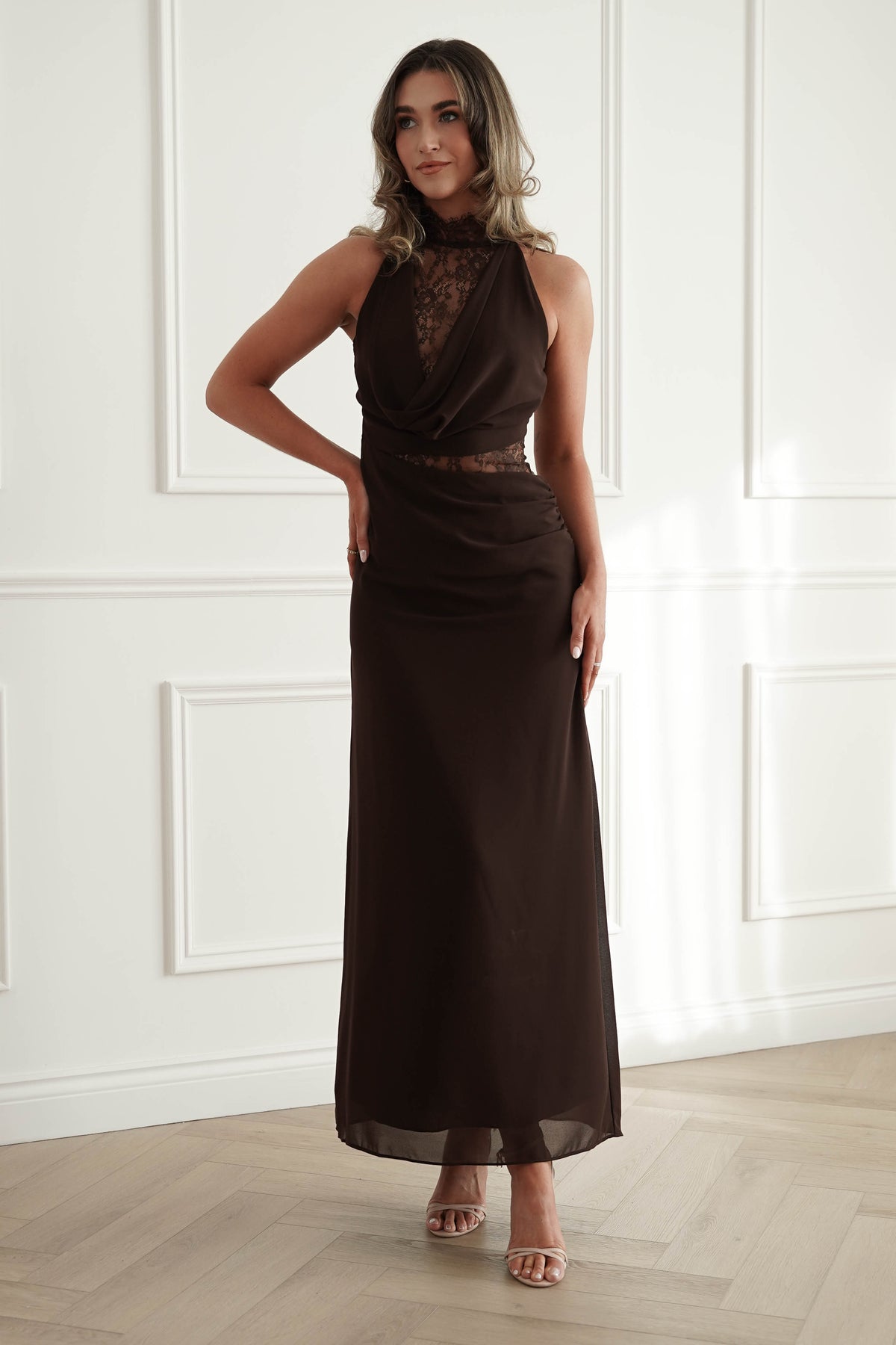 Clarisse Lace Maxi Dress in Brown