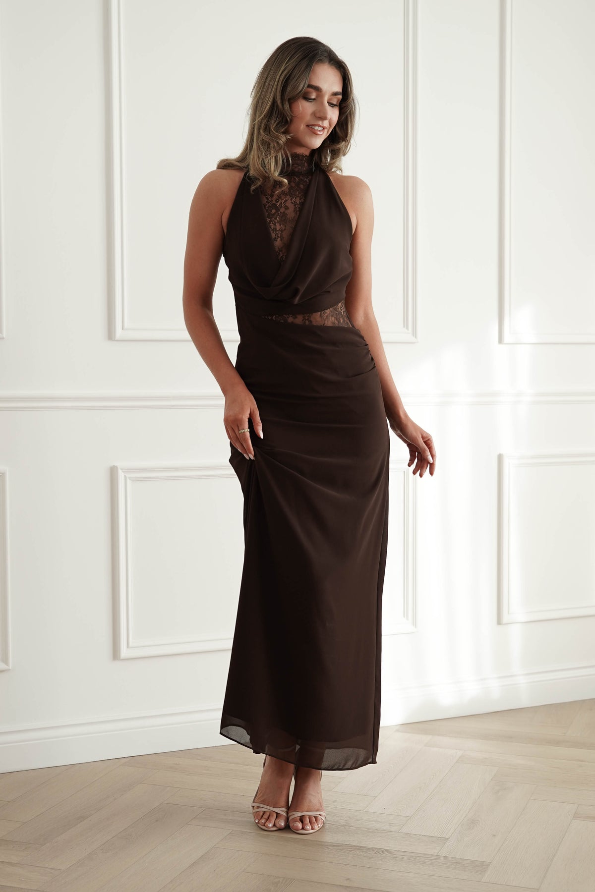 Clarisse Lace Maxi Dress in Brown