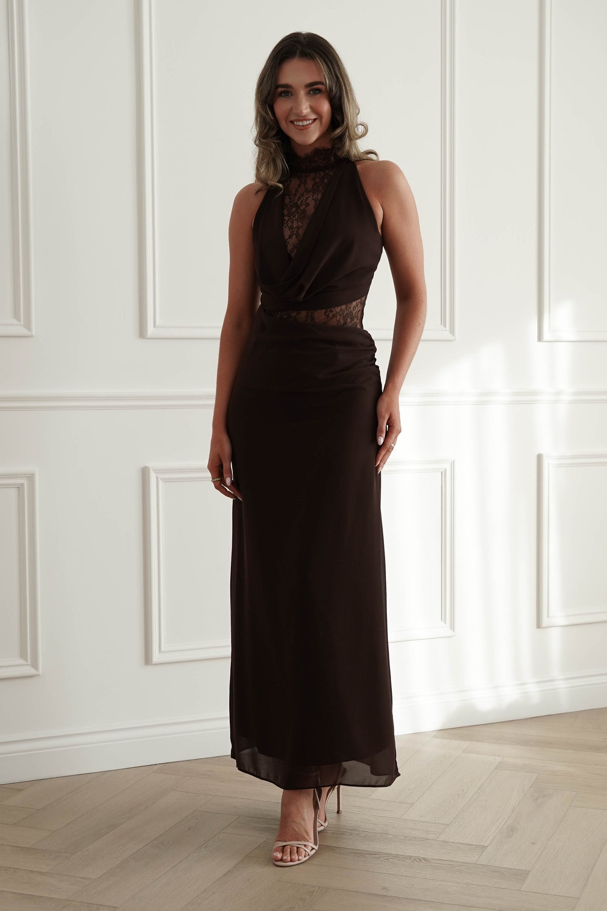 Clarisse Lace Maxi Dress in Brown
