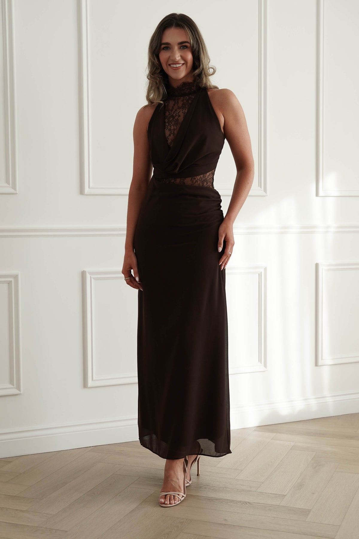 Clarisse Lace Maxi Dress in Brown