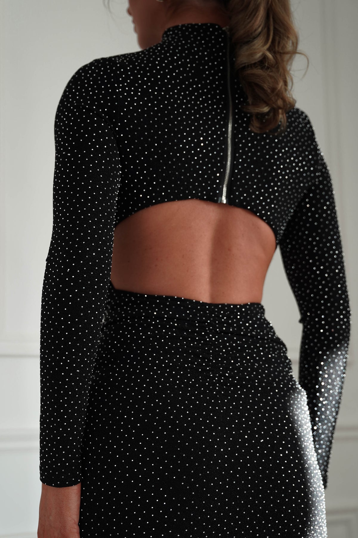 Oh Hello Clothing Women > Clothing > Dresses *DONE-LUXXEL| LD13038| STUDDED MESH LONG SLEEVE BLACK DRESS
