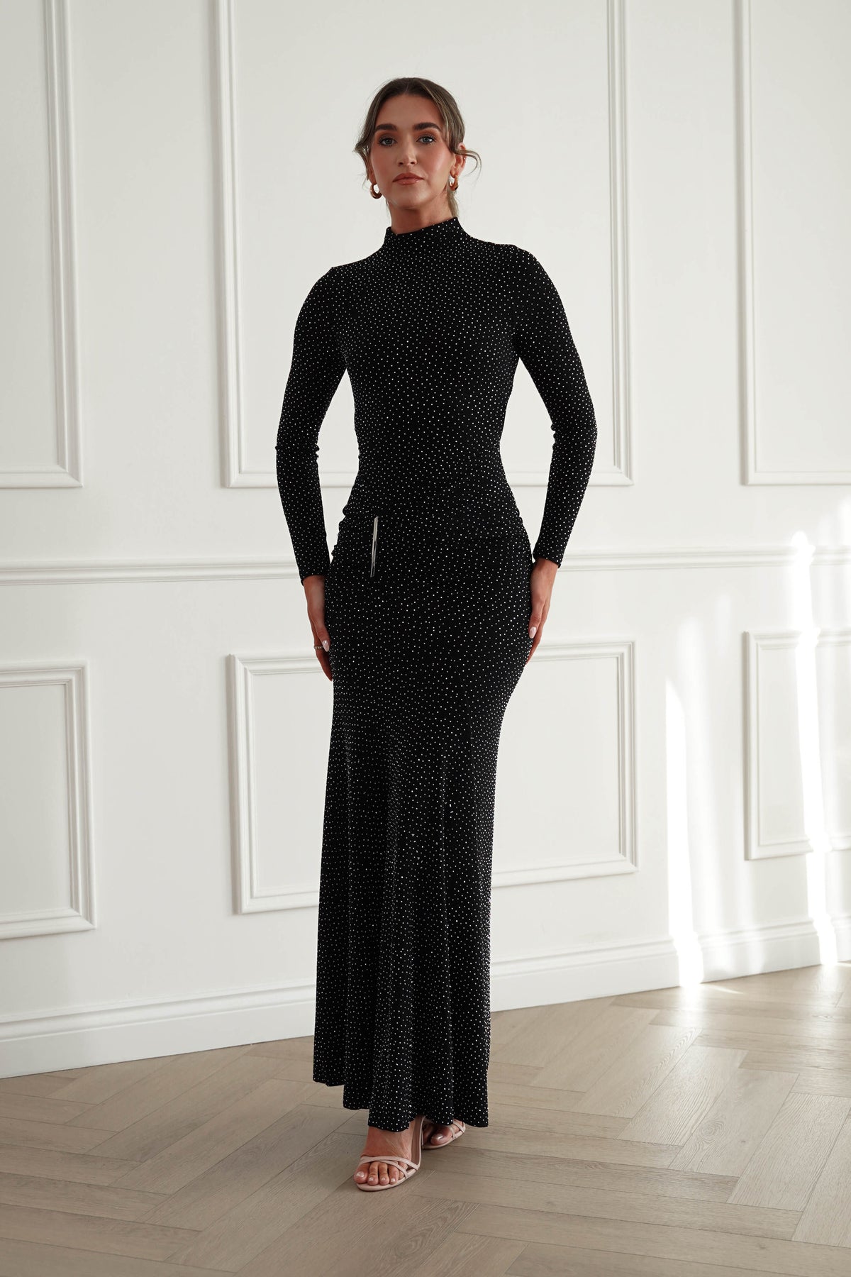 Oh Hello Clothing Women > Clothing > Dresses *DONE-LUXXEL| LD13038| STUDDED MESH LONG SLEEVE BLACK DRESS