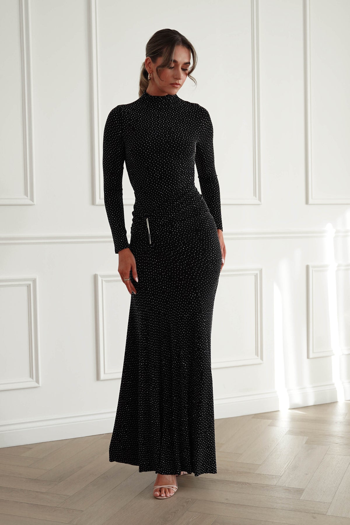 Oh Hello Clothing Women > Clothing > Dresses *DONE-LUXXEL| LD13038| STUDDED MESH LONG SLEEVE BLACK DRESS