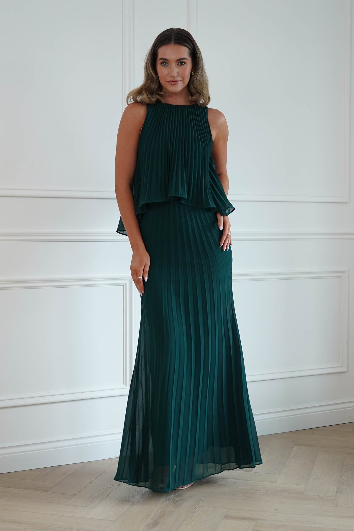 Oh Hello Clothing Women > Clothing > Dresses * DONE - MANIJU | MF23371 |Pleated Overlay Maxi Dress | Emerald Green