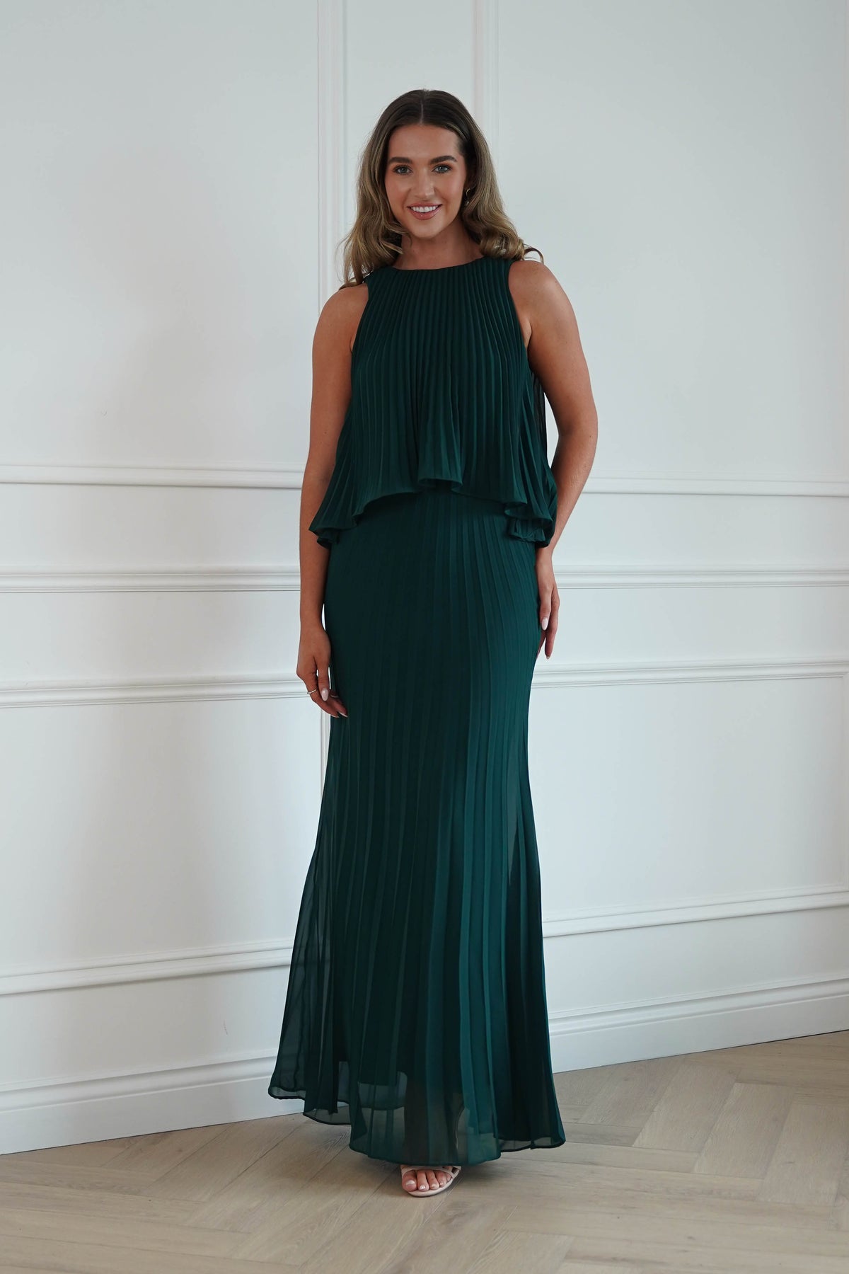 Oh Hello Clothing Women > Clothing > Dresses * DONE - MANIJU | MF23371 |Pleated Overlay Maxi Dress | Emerald Green