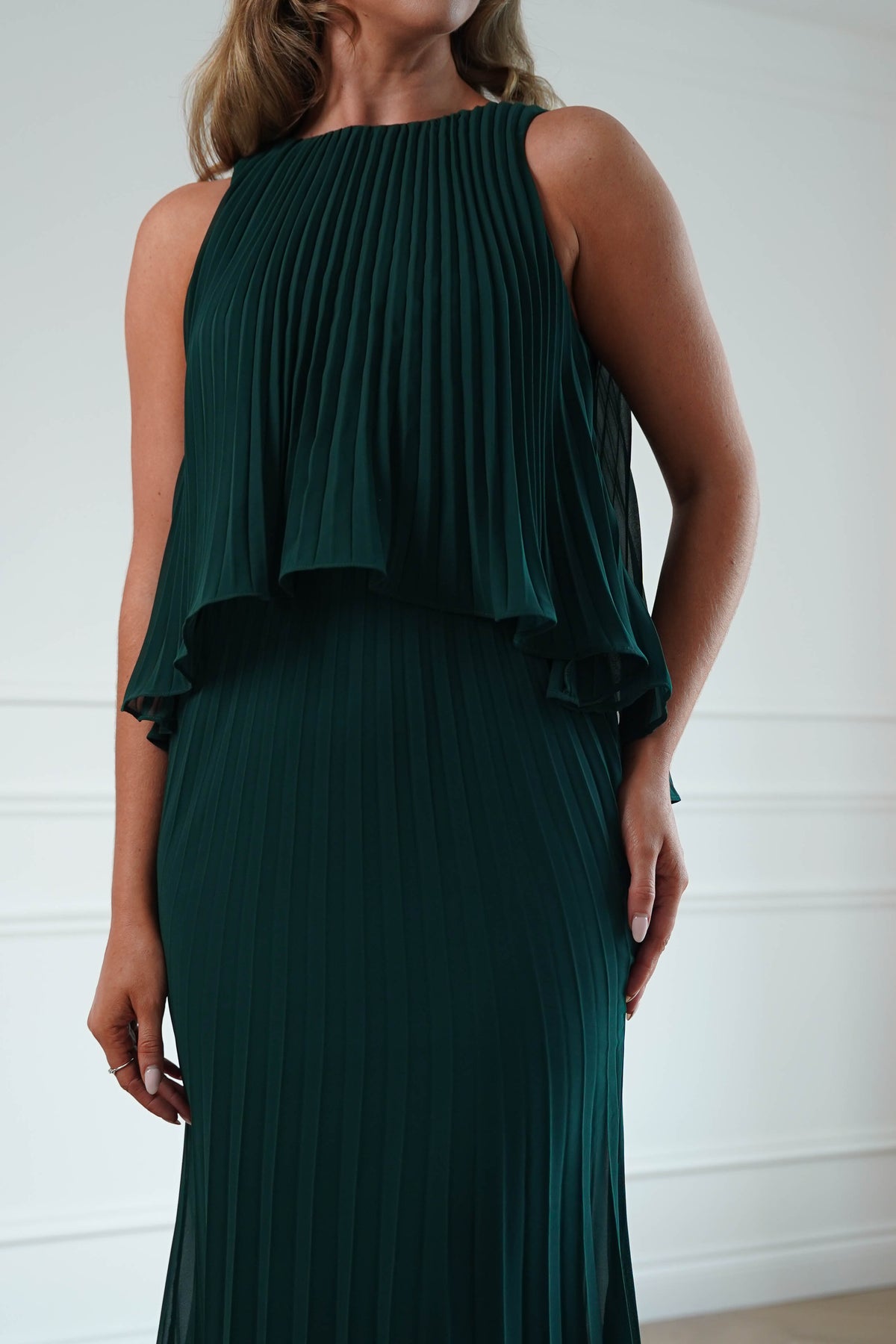 Oh Hello Clothing Women > Clothing > Dresses * DONE - MANIJU | MF23371 |Pleated Overlay Maxi Dress | Emerald Green