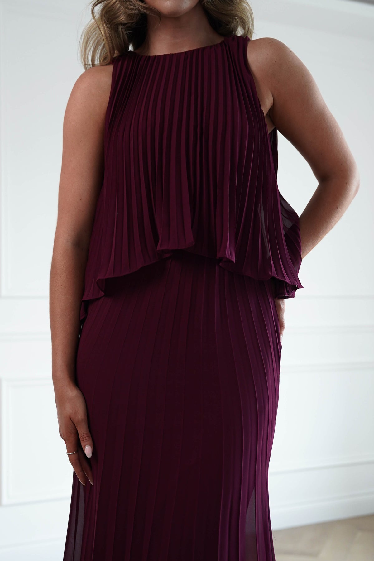 Oh Hello Clothing Women > Clothing > Dresses * DONE - MANIJU | MF23371 |Pleated Overlay Maxi Dress | wine (Copy)