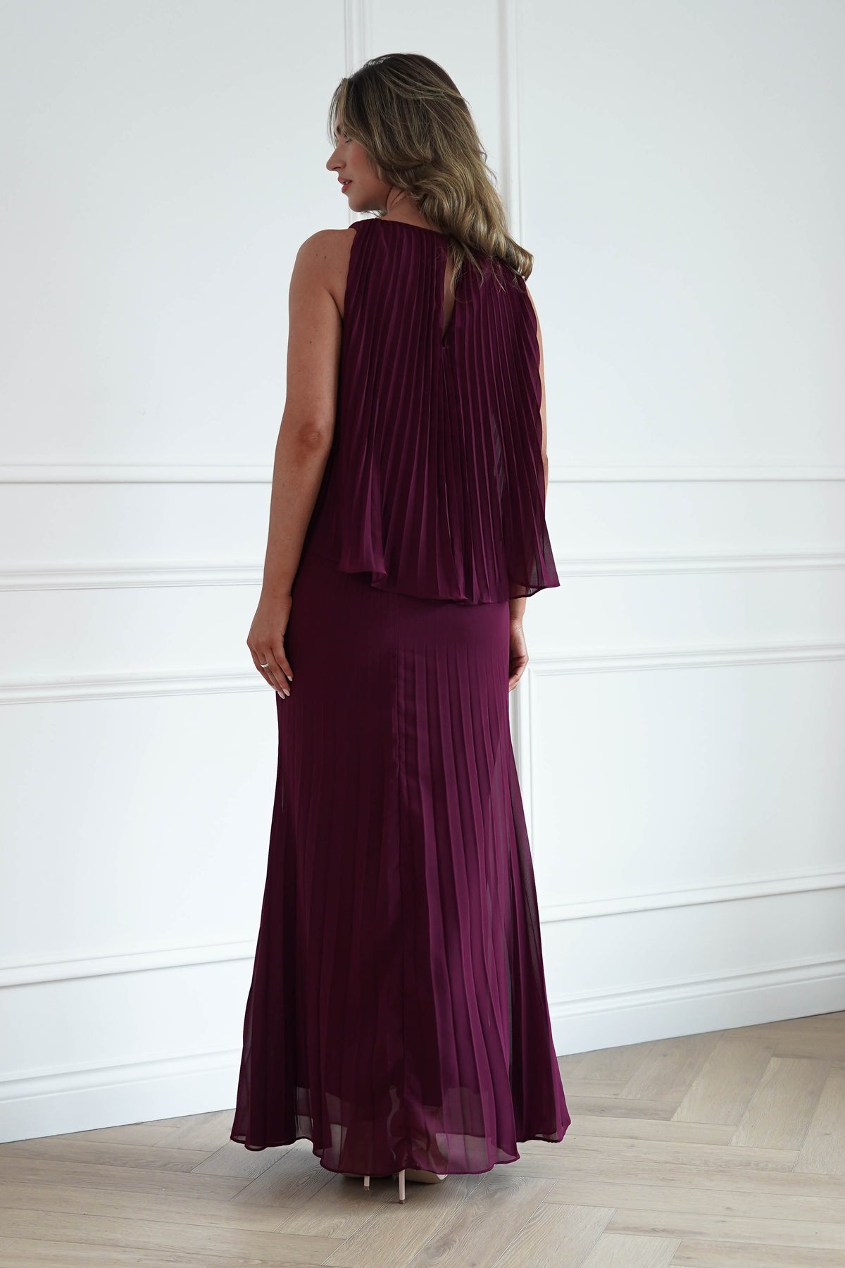 Oh Hello Clothing Women > Clothing > Dresses * DONE - MANIJU | MF23371 |Pleated Overlay Maxi Dress | wine (Copy)
