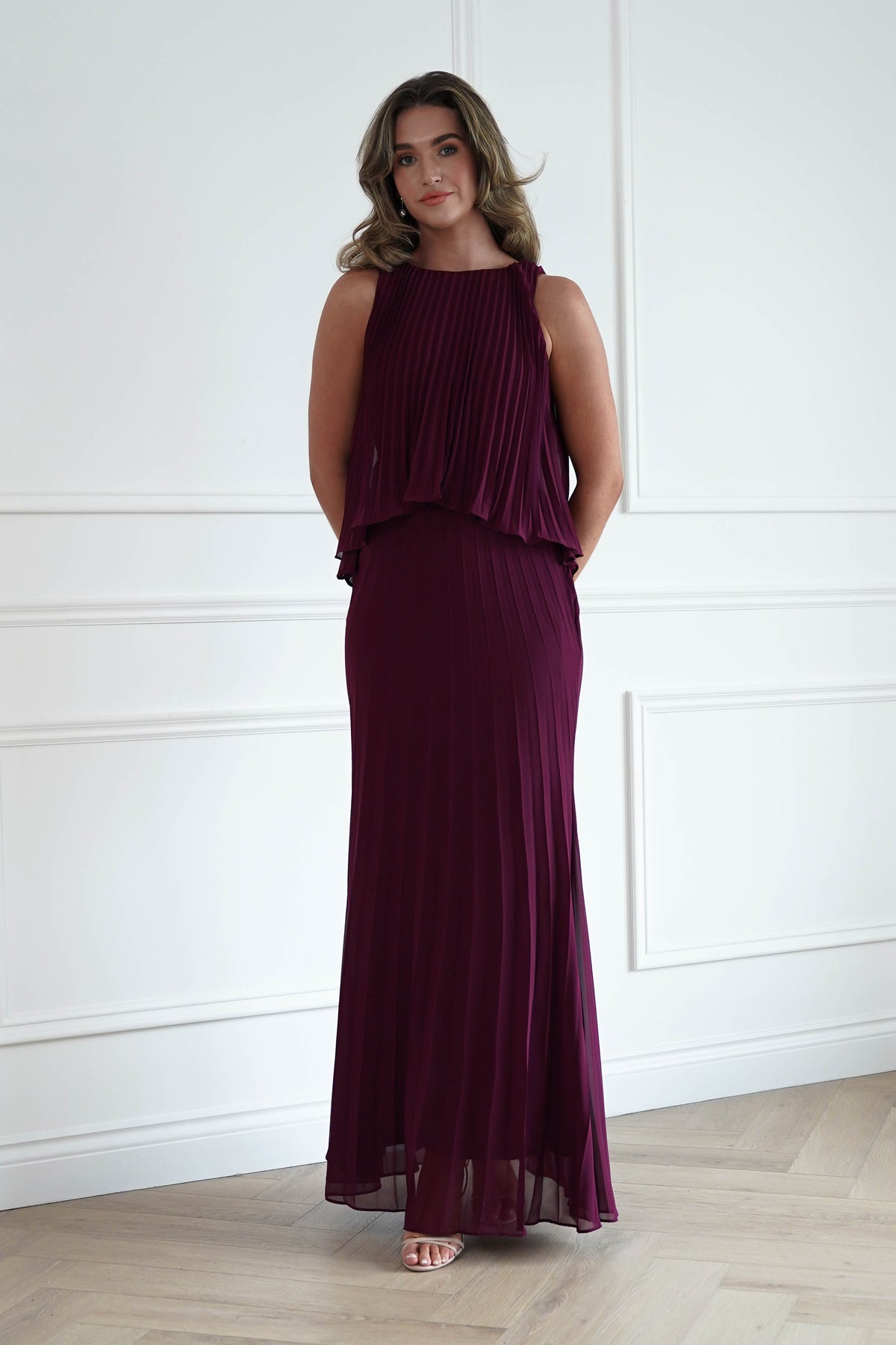 Oh Hello Clothing Women > Clothing > Dresses * DONE - MANIJU | MF23371 |Pleated Overlay Maxi Dress | wine (Copy)