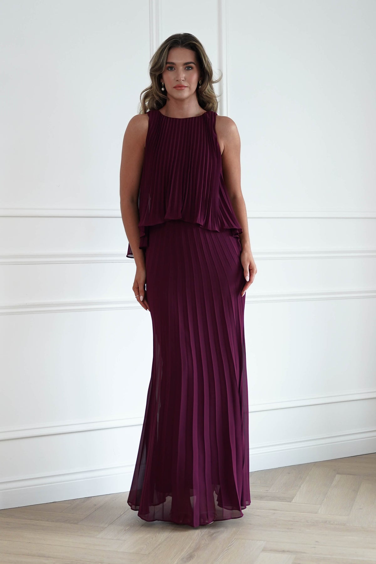 Oh Hello Clothing Women > Clothing > Dresses * DONE - MANIJU | MF23371 |Pleated Overlay Maxi Dress | wine (Copy)