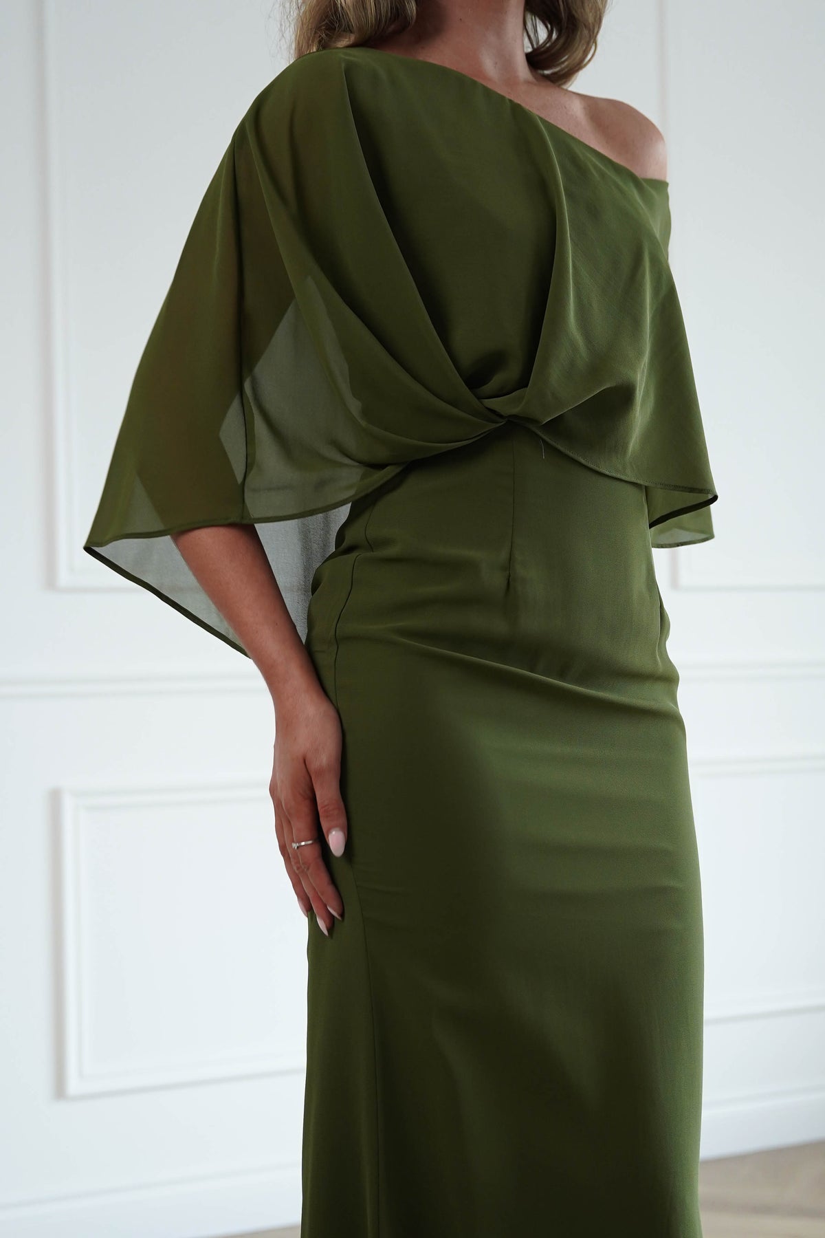 Oh Hello Clothing Women > Clothing > Dresses * DONE - MANIJU | MM24629 |Draped Cape Maxi Dress | Olive Green