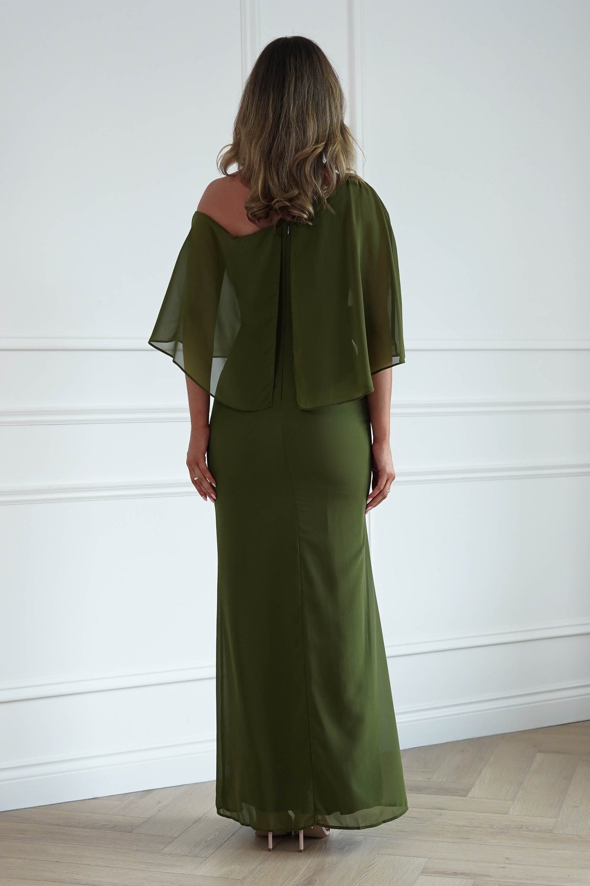Oh Hello Clothing Women > Clothing > Dresses * DONE - MANIJU | MM24629 |Draped Cape Maxi Dress | Olive Green