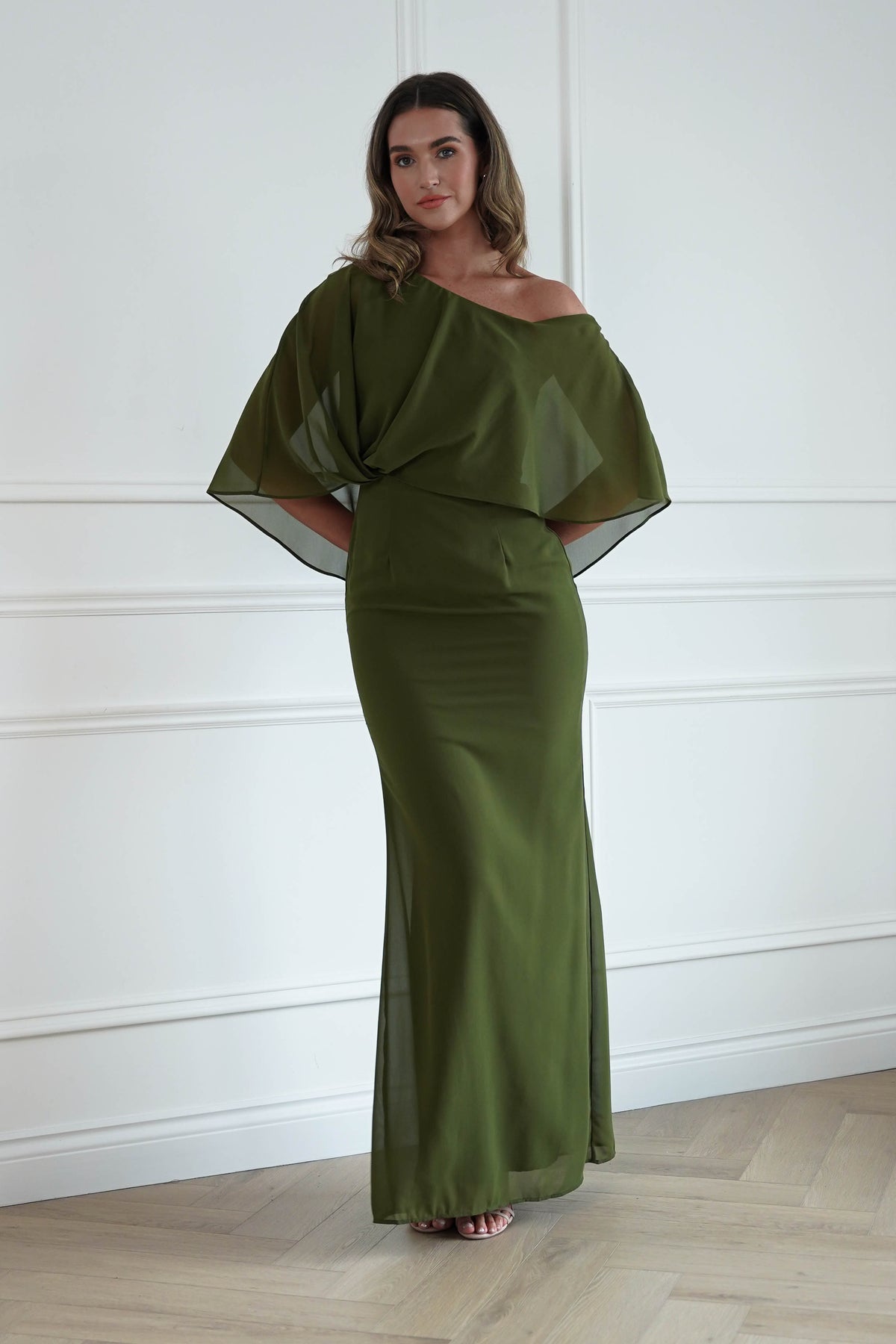 Oh Hello Clothing Women > Clothing > Dresses * DONE - MANIJU | MM24629 |Draped Cape Maxi Dress | Olive Green