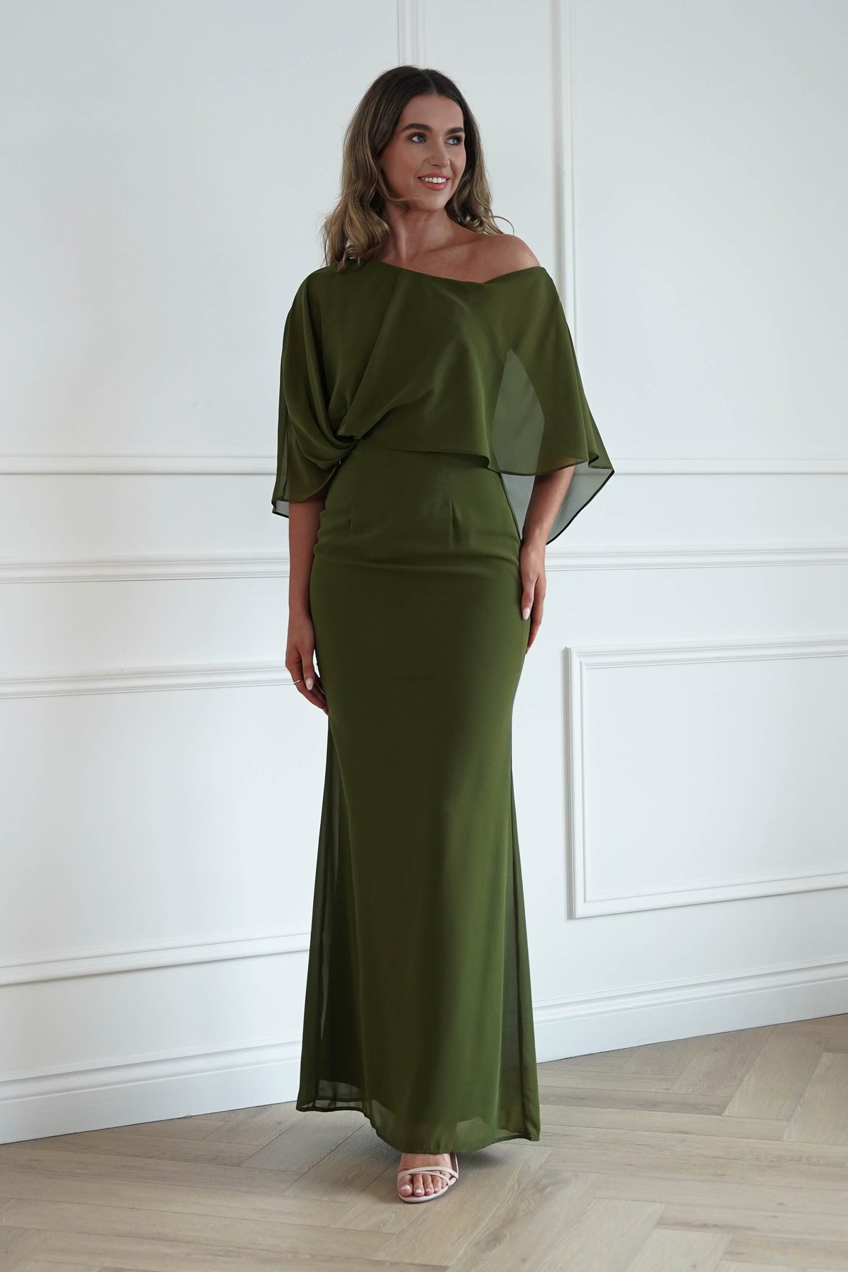 Oh Hello Clothing Women > Clothing > Dresses * DONE - MANIJU | MM24629 |Draped Cape Maxi Dress | Olive Green