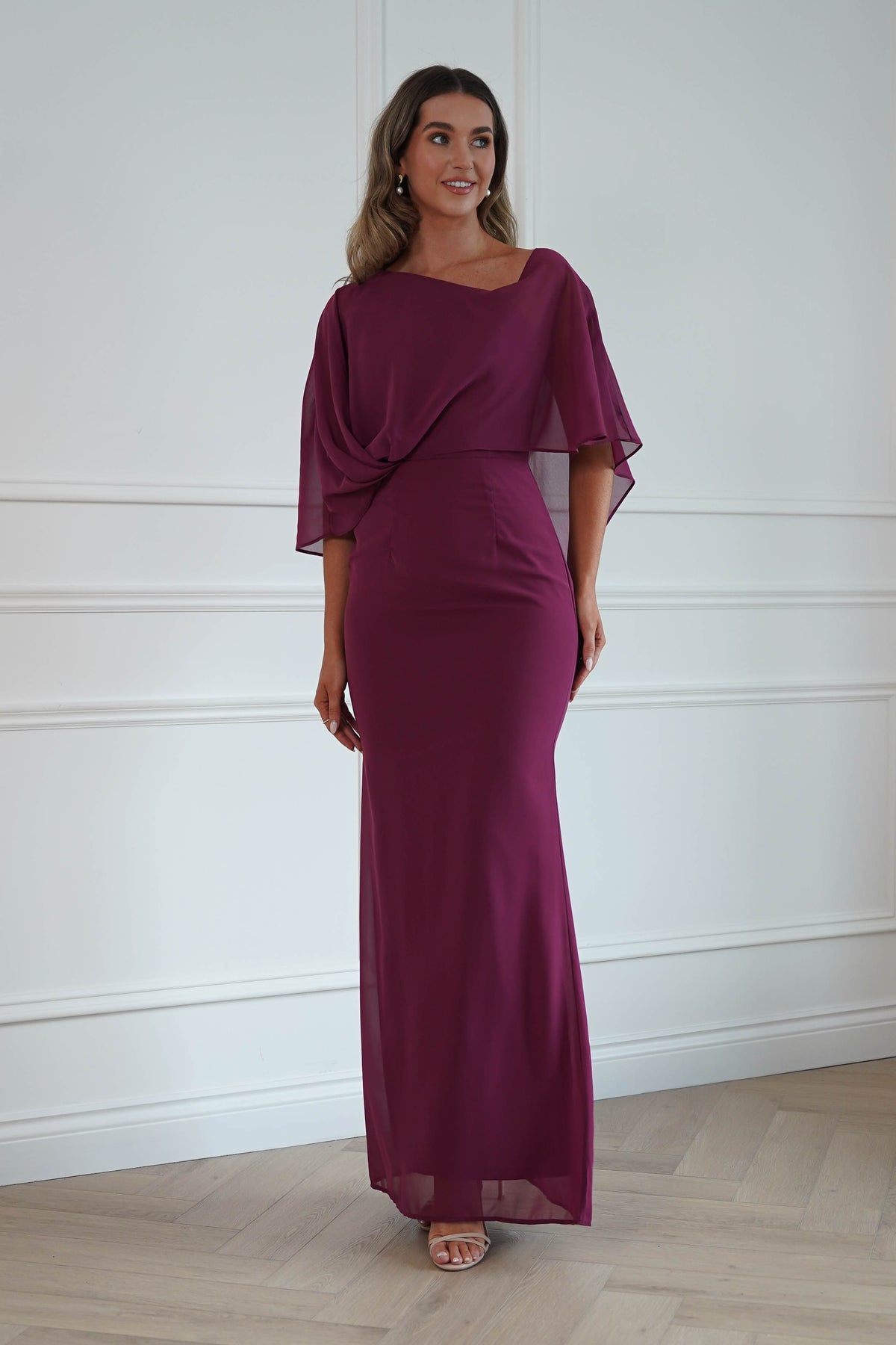 Oh Hello Clothing Women > Clothing > Dresses * DONE - MANIJU | MM24629 |Draped Cape Maxi Dress | darkrose (Copy)