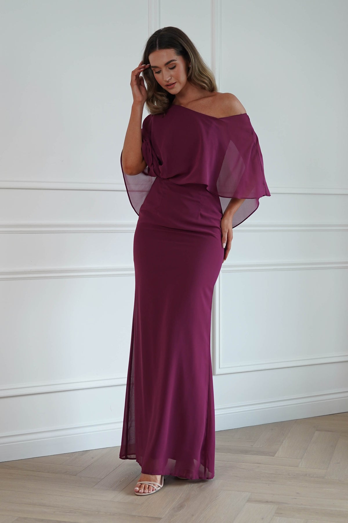 Oh Hello Clothing Women > Clothing > Dresses * DONE - MANIJU | MM24629 |Draped Cape Maxi Dress | darkrose (Copy)